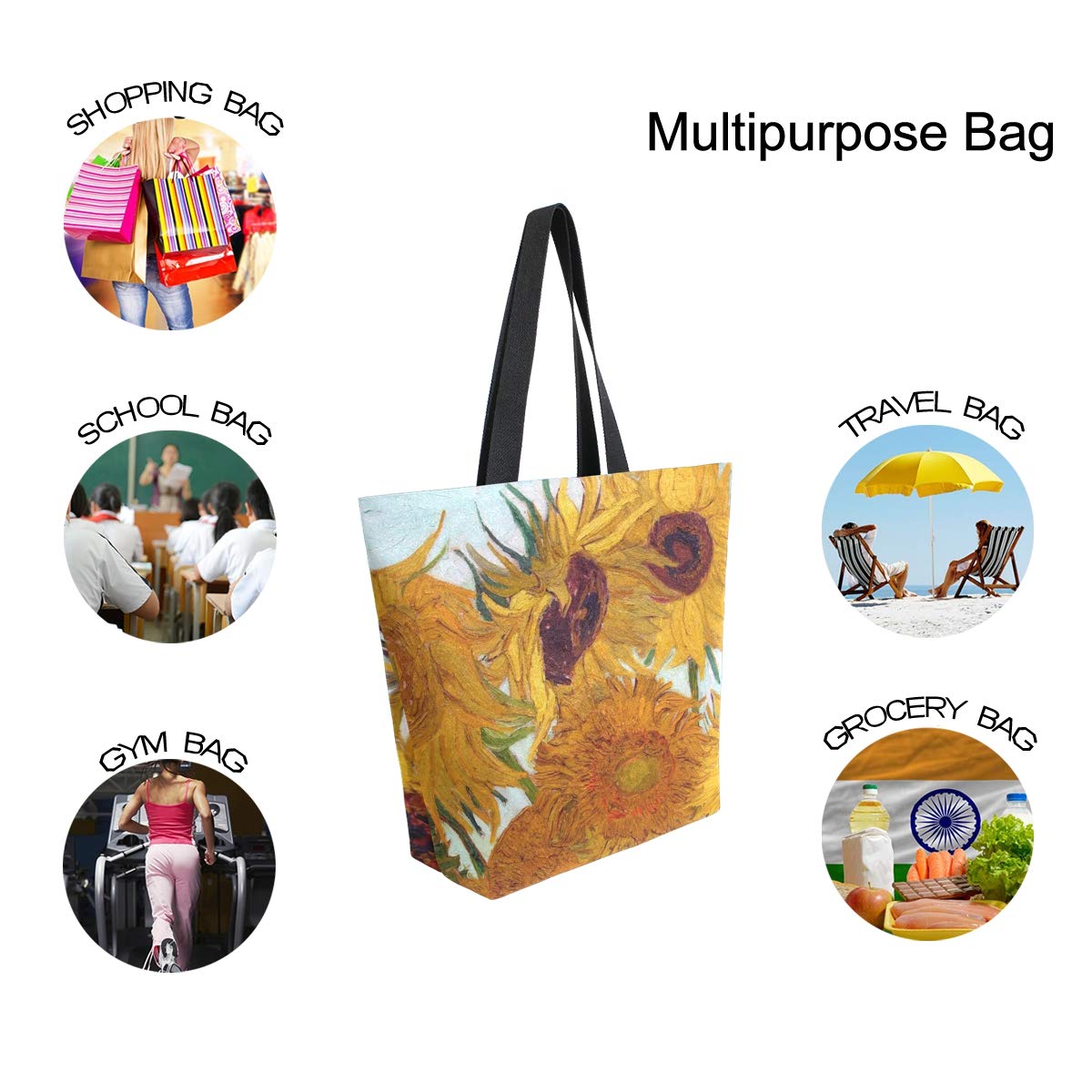 ALAZA Van Gogh Sunflower Canvas Tote Bag - Large Reusable Cotton Shoulder Bag for Women, Top Handle Purse for Travel, Work, Shopping & Grocery - Perfect for Beach, Office & Daily Commute