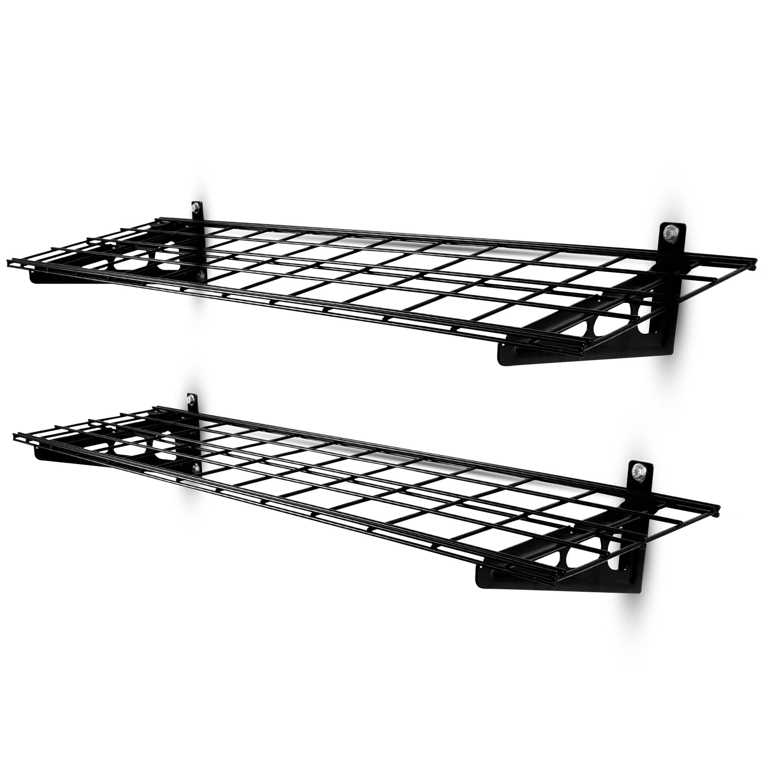Heavy Duty Wall Mounted Garage Shelving Storage Racks (2 Pack) | 2’ x 6’ Floating Shelves for Garage, Basement & Workshop Organization | Steel Wire Grid Wall Shelf System with 400 lbs Capacity - Black | Perfect for Storing Tools, Sports Equipment & Seasonal Items