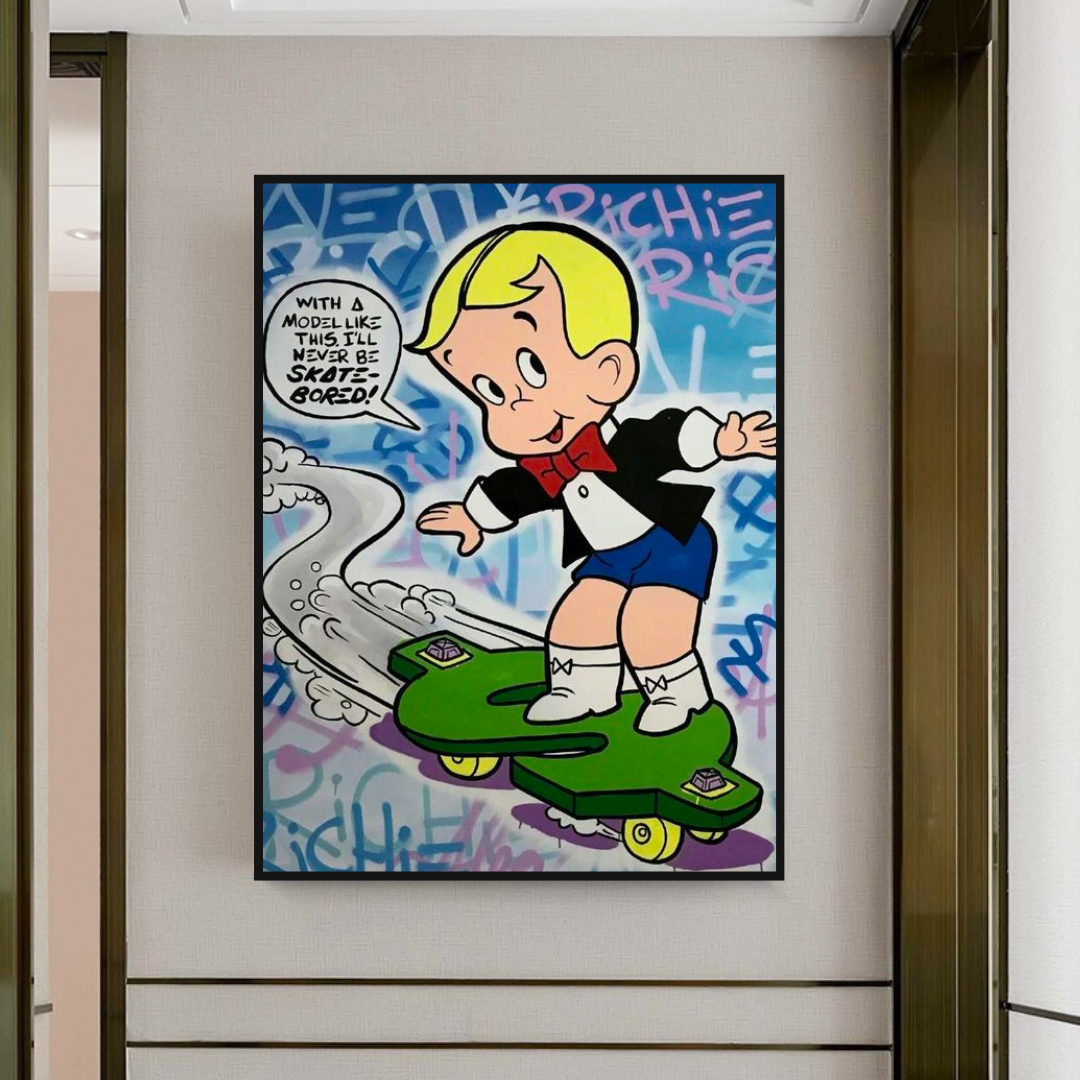 Alec Monopoly Richie Rich Money Skating Art Print - Pop Culture Wall Decor for Home, Office & Gifts | Street Art Inspired Canvas Painting for Living Room & Bedroom
