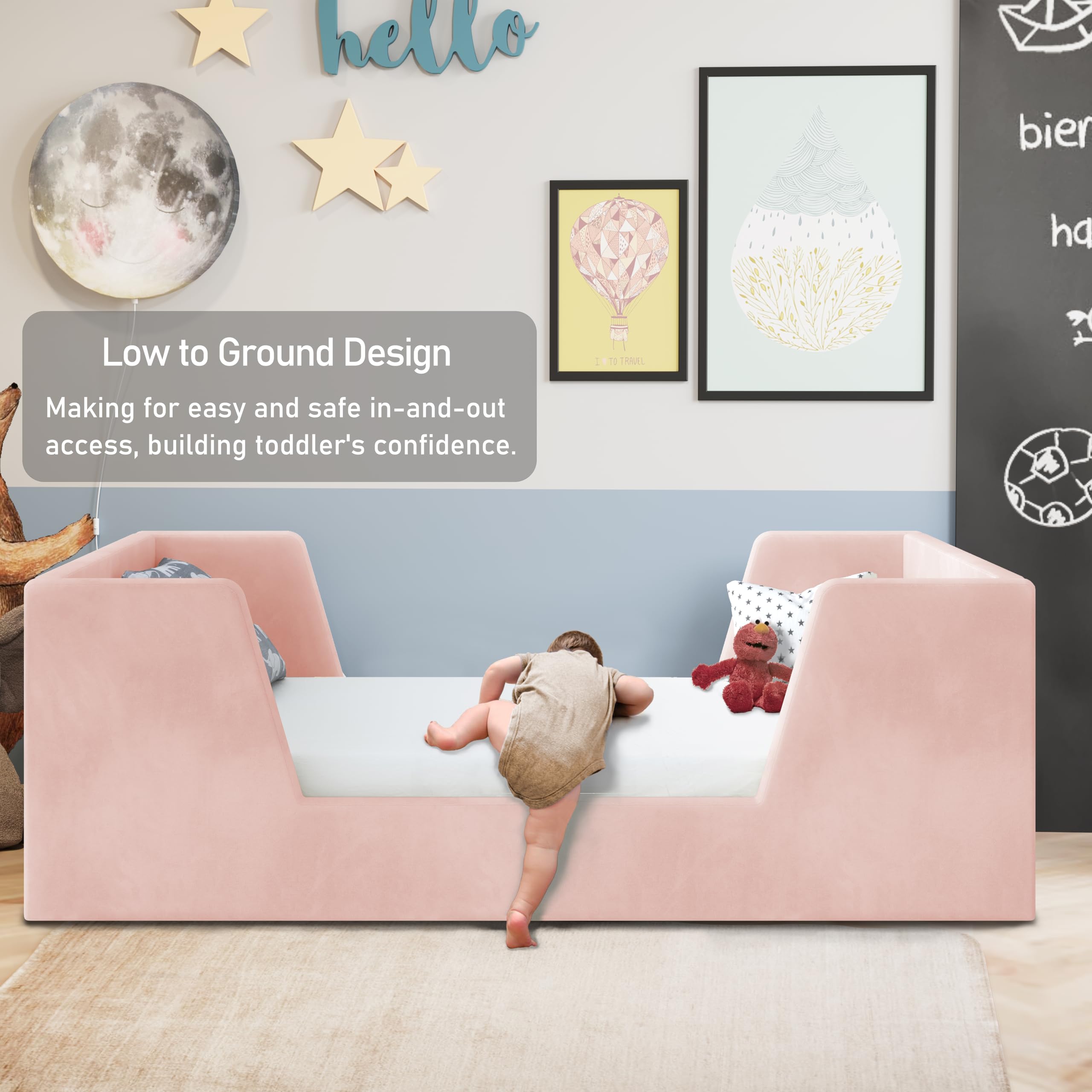**Toddler Floor Bed with Guard Rails - Safe & Sturdy Kids Bed for Ages 2-6 Years | Standard Crib Mattress Compatible | Certified Fabric Toddler Bed for Boys & Girls | Perfect for Bedrooms, Daycare & Montessori Rooms**