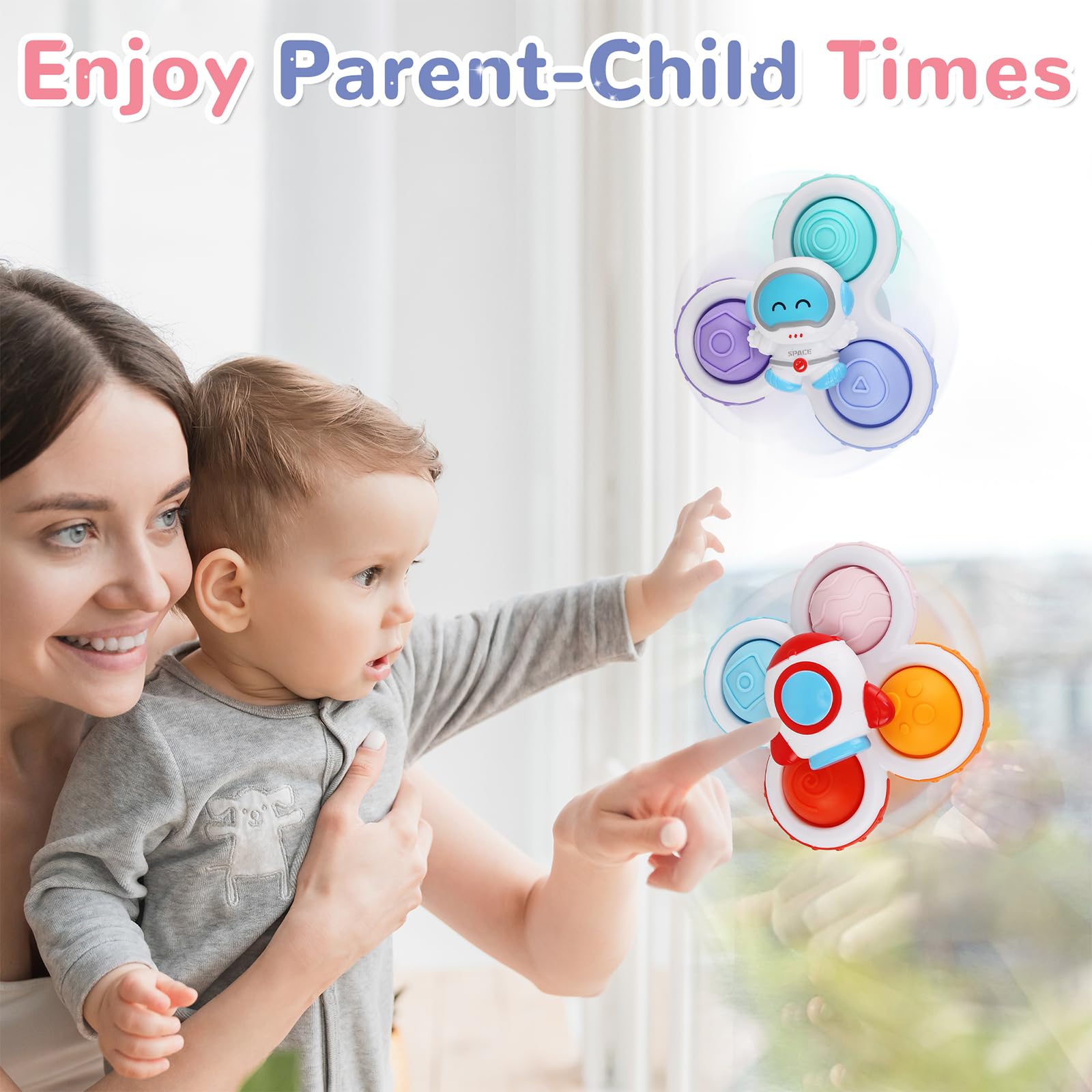 Sensory Toys for Toddlers 1-3 Years Old - 3 Pack Suction Cup Spinning Top Toys for Babies 12-18 Months | Fun Developmental Learning Toys for Boys & Girls | Perfect Gift for Birthday & Christmas (Spaceship Series) - Great for Sensory Play, Fine Motor Skills Development & Early Learning Activities