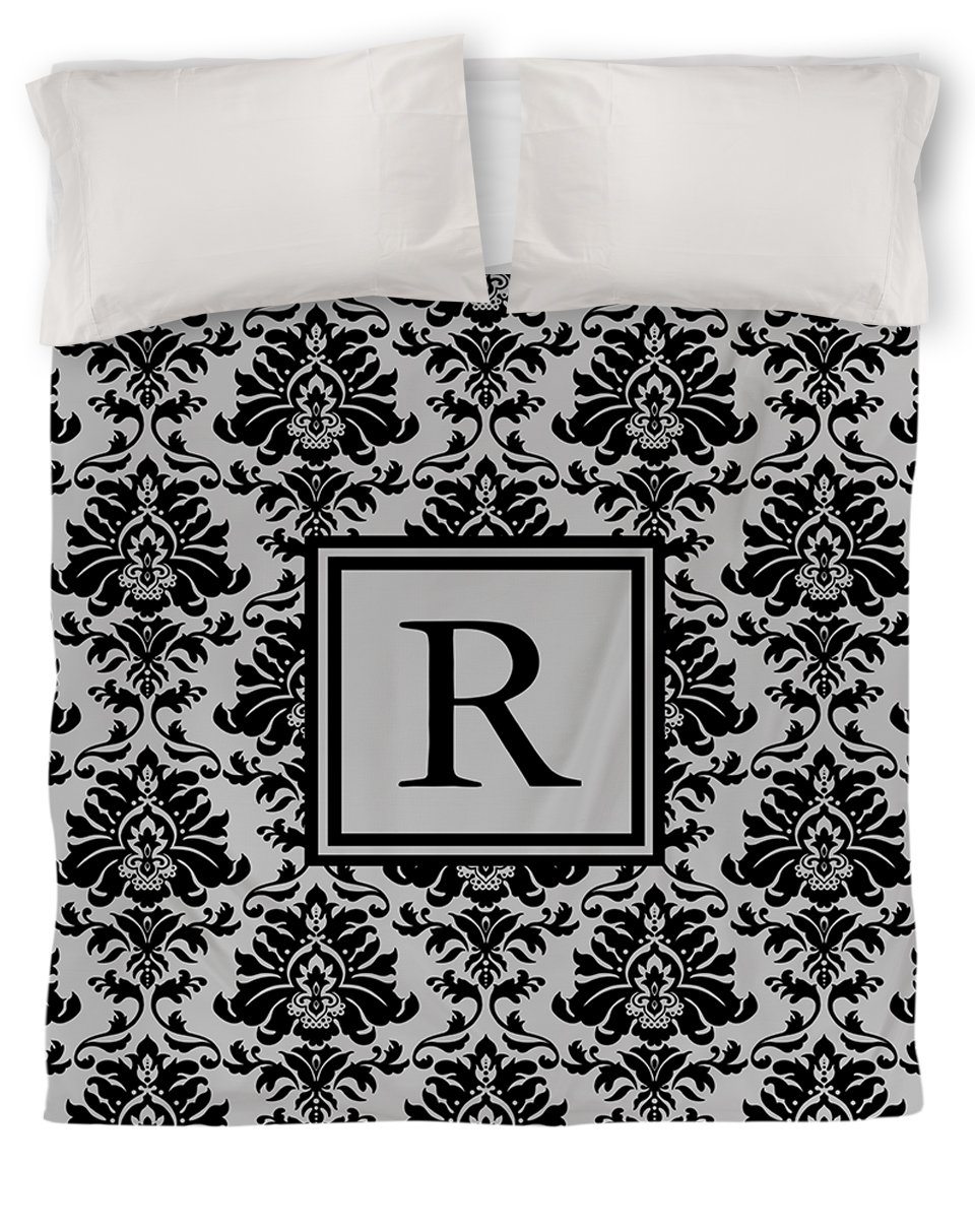 Monogrammed Letter R Black & Grey Damask Duvet Cover - Queen/Full Size by Manual Woodworkers & Weavers | Luxury Bedding for Master Bedroom or Guest Room