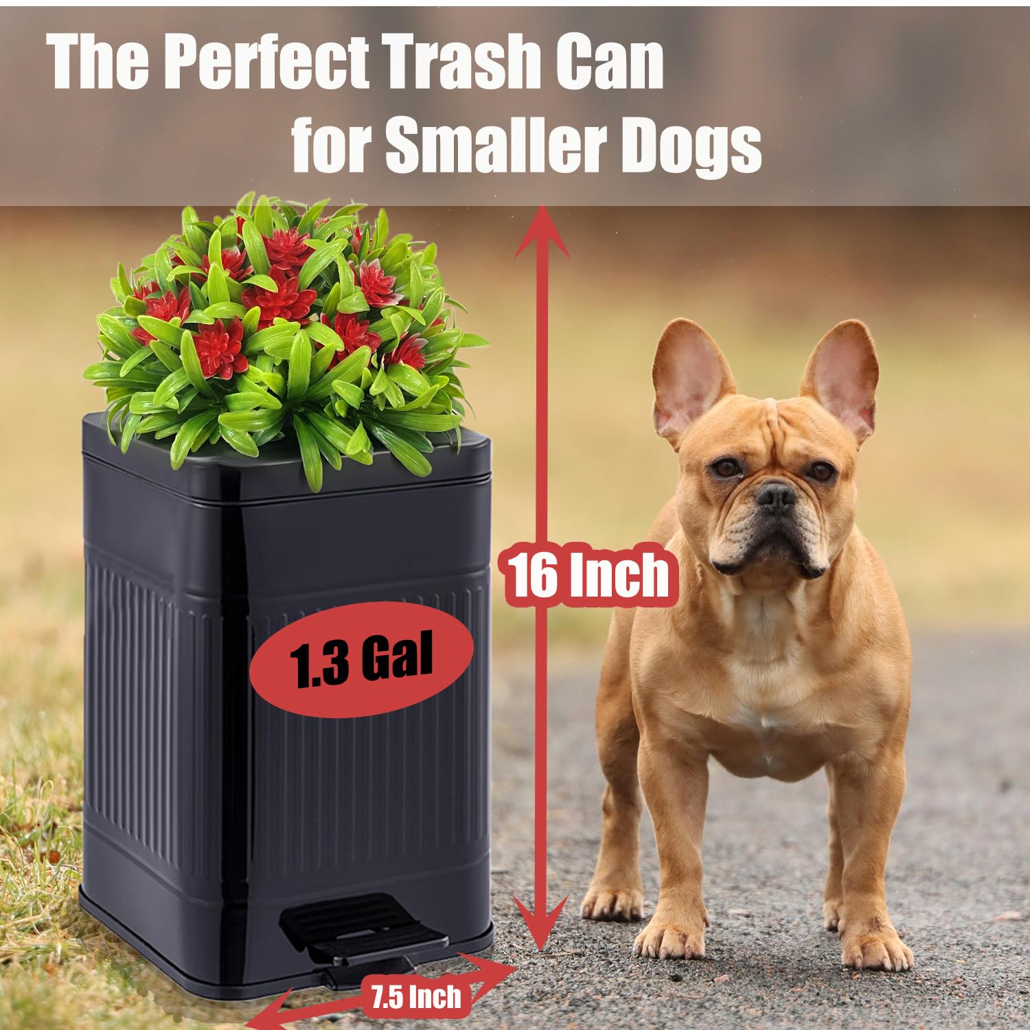Yatmung 5L/1.3Gal Stainless Steel Metal Trash Can with Lid - Pedal Dog Waste Bin for Outdoor, Bathroom, Bedroom & Office - Black Small Garbage Can for Pet Poop Disposal & Plant Decor