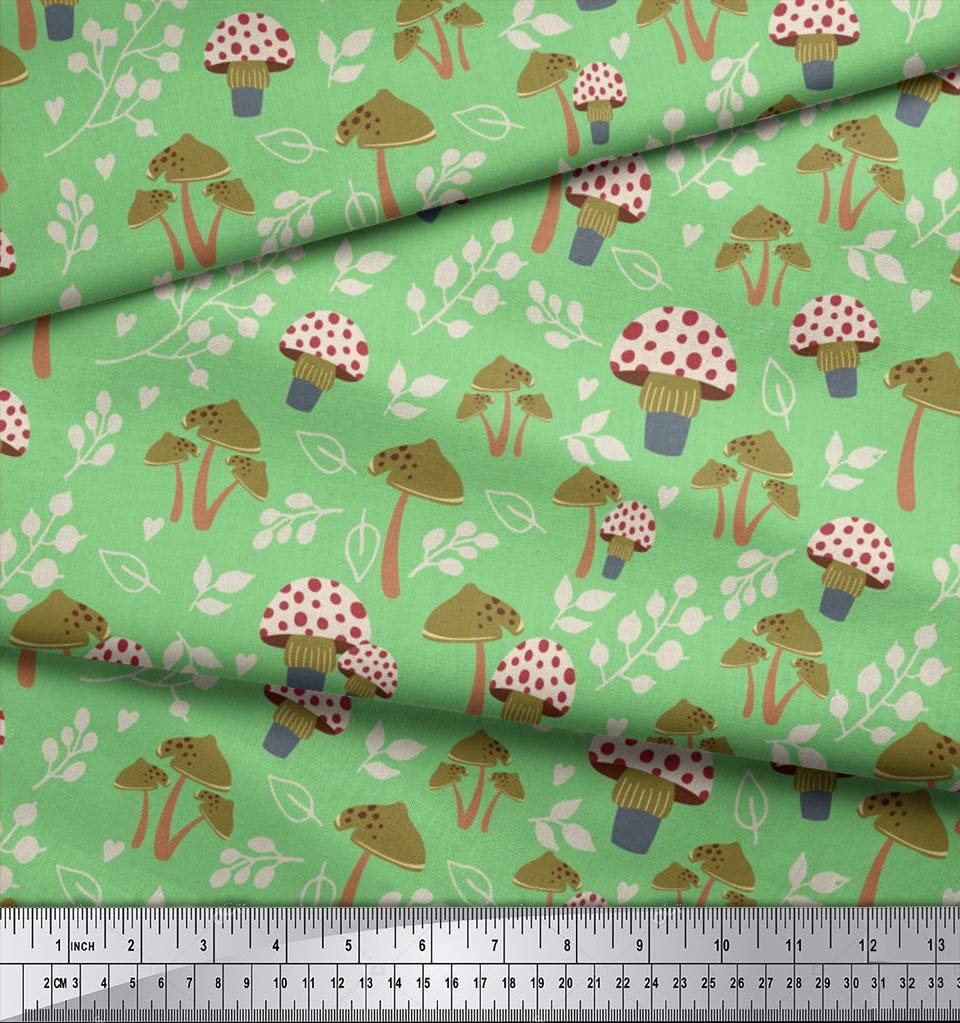 Soimoi 42 Inch Wide Green Polyester Crepe Fabric by The Yard - Leaves & Mushroom Botanical Tapestry Cloth with Earthy Patterns for Dresses, Curtains, DIY Crafts & Home Decor