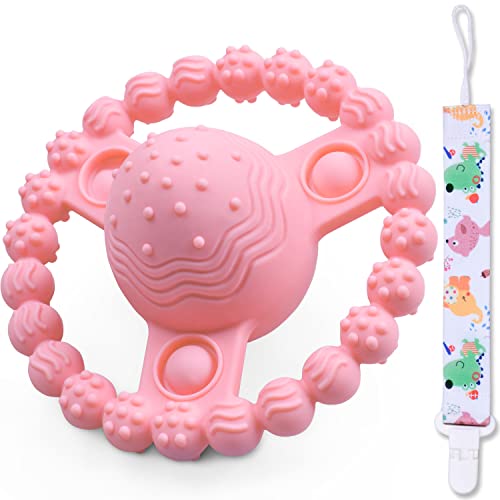 BPA-Free Soft Silicone Teething Toys for Babies 0-12 Months - Soothing Rattle Teether with Raised Texture for Sore Gums, Easy-Grip Infant Toy (Pink) | Perfect for Home, Travel & Daycare Use