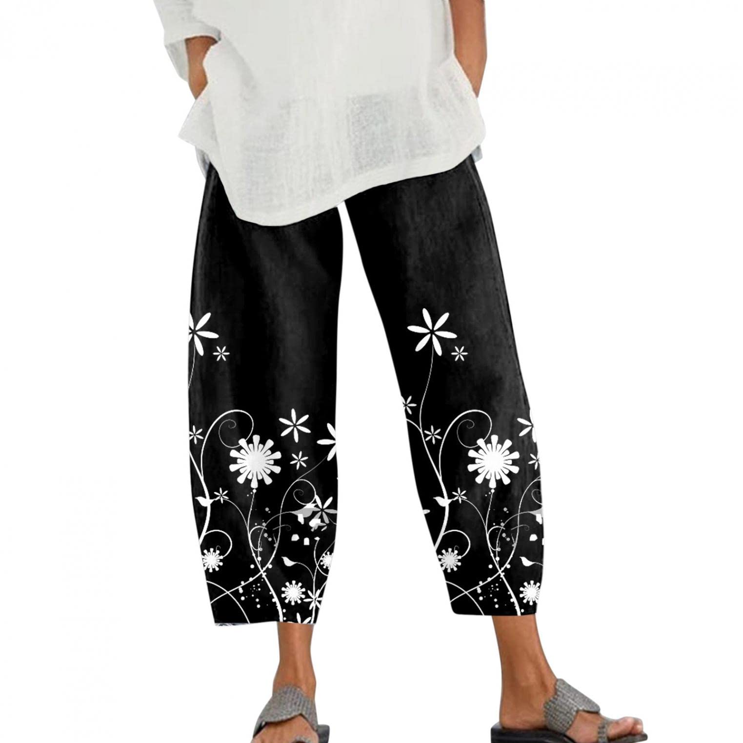 Women's Linen Pants for Summer - Casual Cotton Wide Leg Elastic Waist Capri Pants with Pockets | Breathable & Comfortable for Beach, Vacation, Yoga and Everyday Wear