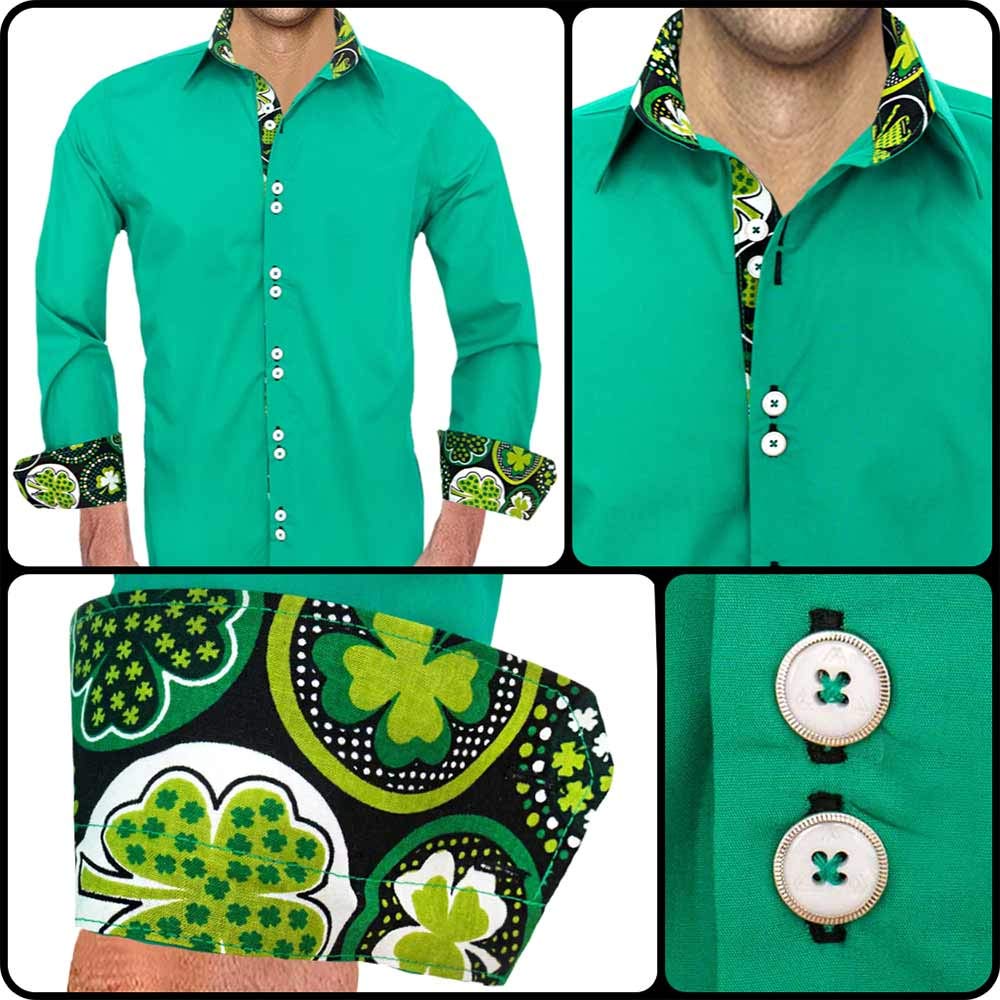 St. Patrick's Day Men's Dress Shirts - Green Shamrock Print Button Down Shirts for Irish Party, Pub Crawl & Holiday Celebration