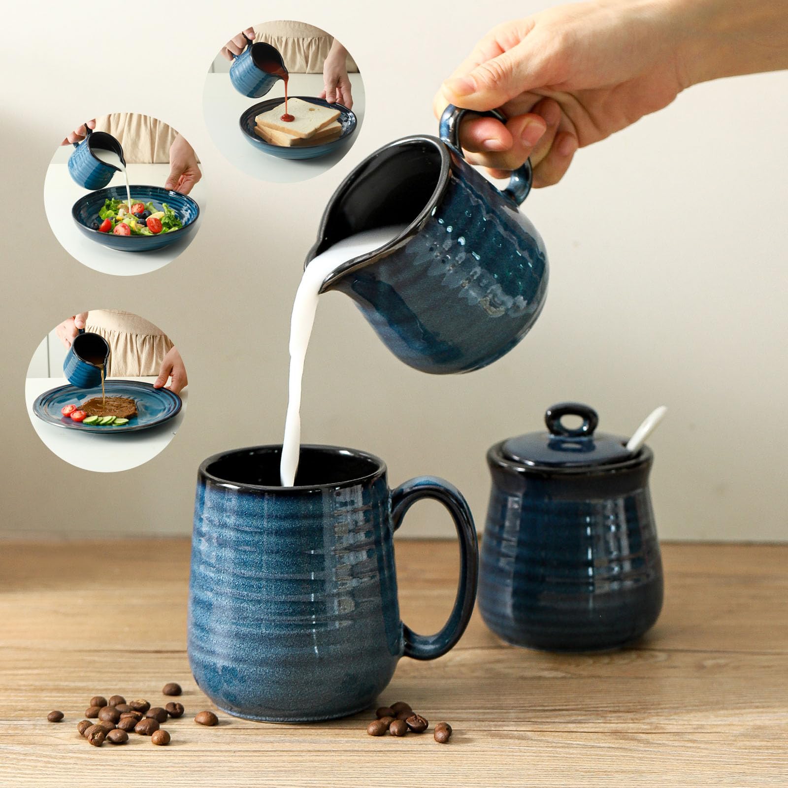Farmhouse Style Ceramic Sugar Bowl with Lid & Spoon, Creamer Pitcher, and Serving Tray Set - 11oz Sugar Container & 10oz Milk Jug - Microwave & Dishwasher Safe Coffee Bar Accessories - Perfect for Breakfast Nook, Tea Parties, and Rustic Kitchen Decor (Blue)