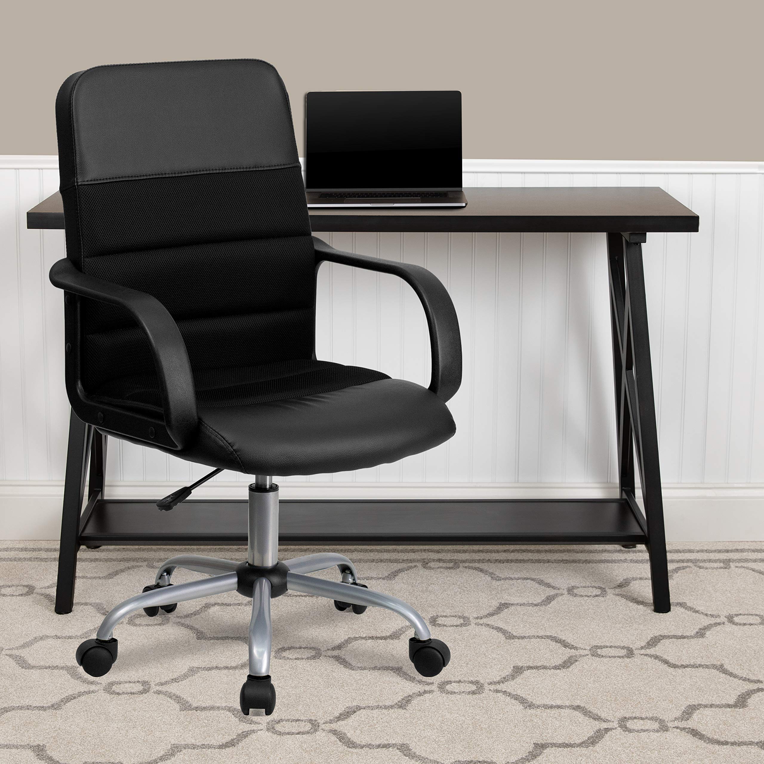 Flash Furniture Manor Mid-Back Swivel LeatherSoft Office Chair with Adjustable Height, Headrest & Padded Arms - Ergonomic Desk Chair for Home Office, Gaming & Workspace - Black