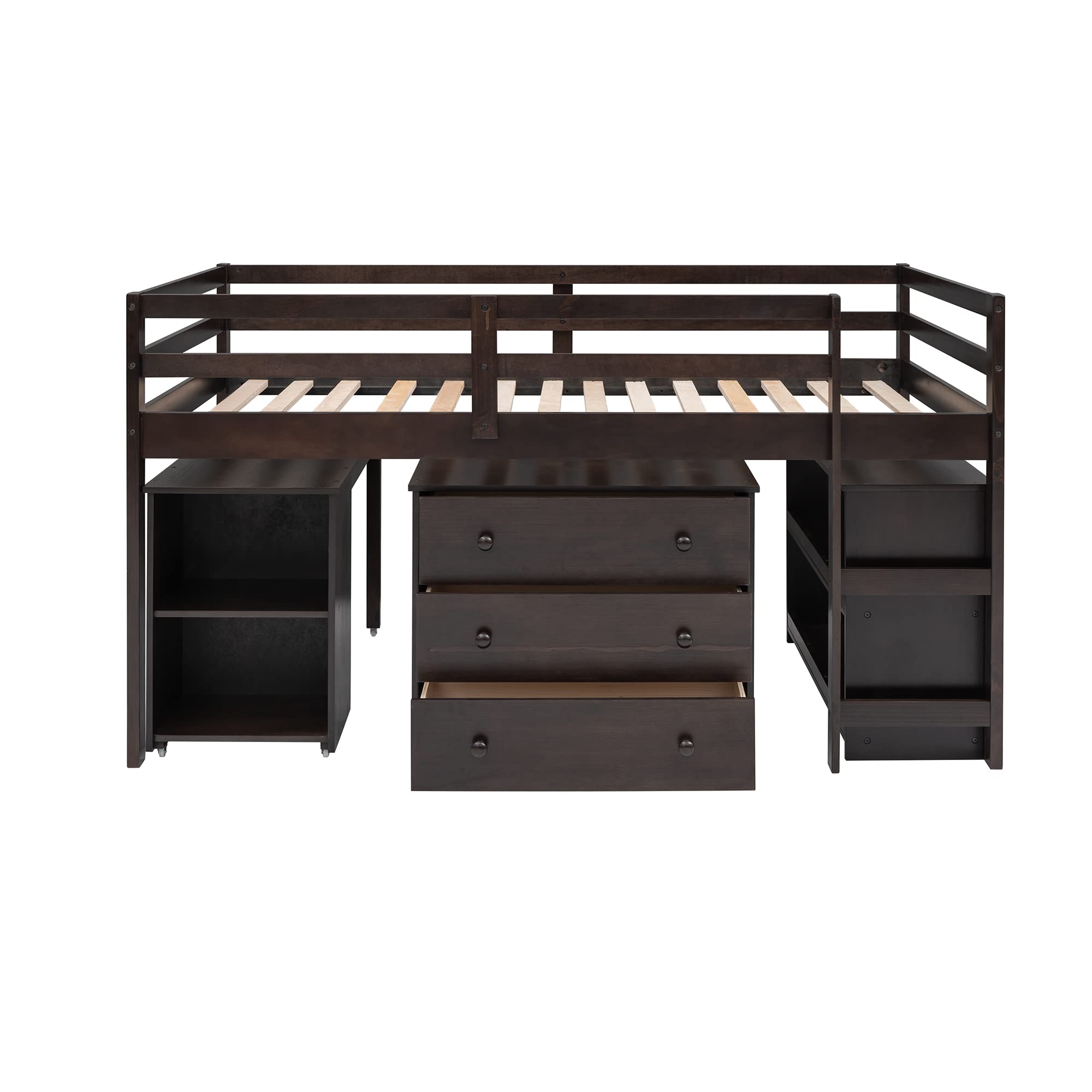 Twin Size Loft Bed with Desk and Cabinet - Low Study Loft Bed Frame for Kids & Teens - Rolling Portable Desk Included - Espresso Finish - Perfect for Small Bedrooms, Dorms & Study Spaces
