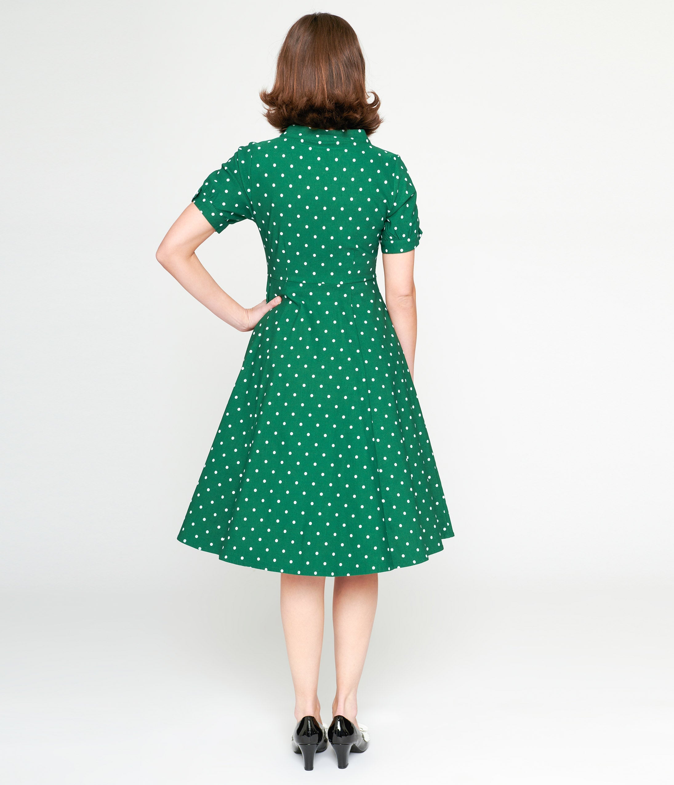 Vintage 1950s Green and White Polka Dot Swing Dress with Button Front - Retro A-Line Cocktail Dress for Parties, Weddings & Special Occasions