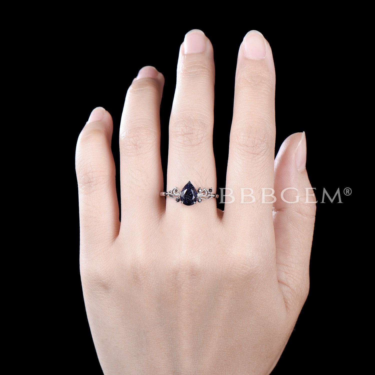 Sailor Moon Inspired Pear Cut Galaxy Blue Sandstone Engagement Ring - 7 Stone Wedding Band for Anime Lovers, Cosplay & Unique Proposal Jewelry Gift