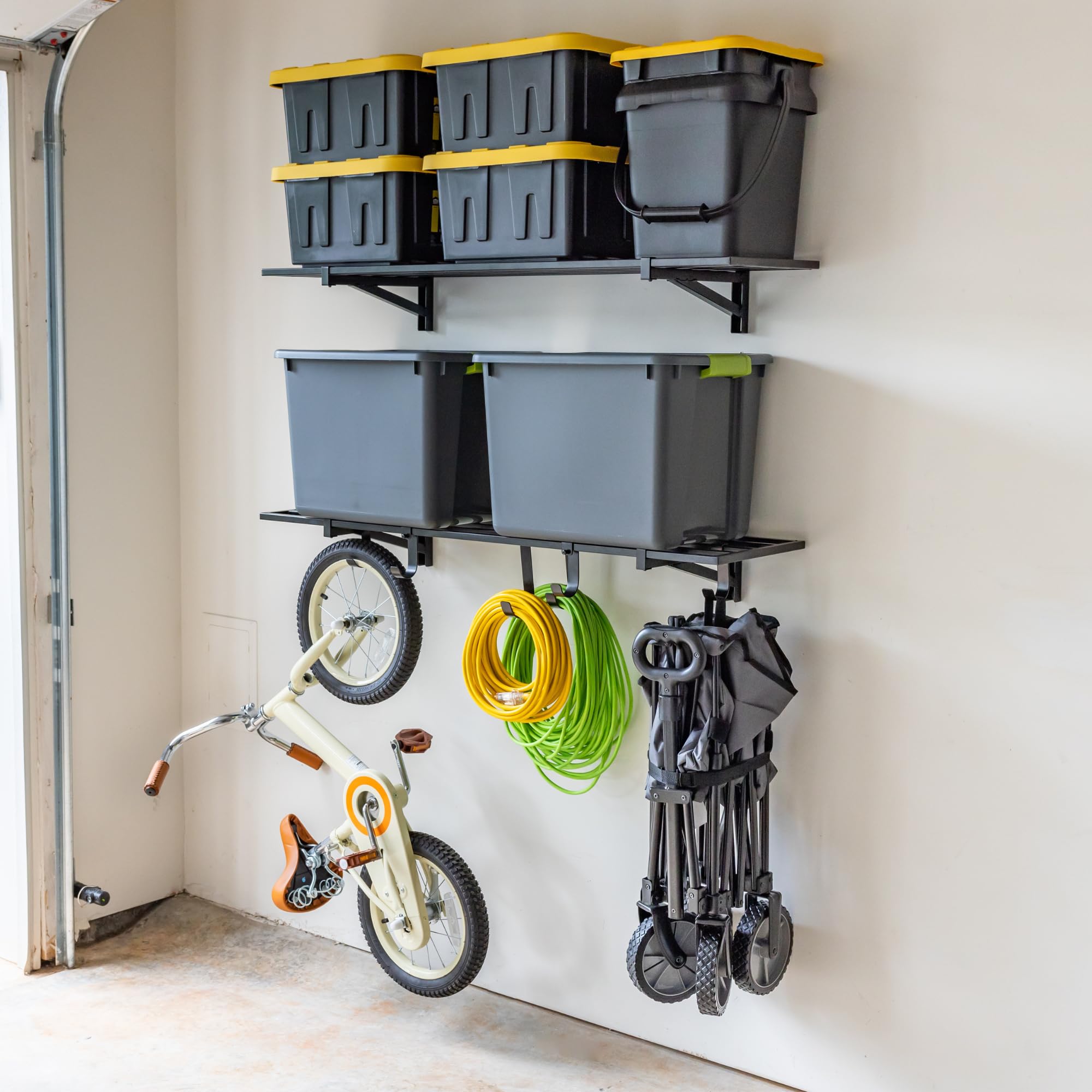 Heavy-Duty Garage Wall Mounted Shelves - 1' x 4' Steel Wall Storage Shelf with Hooks - 2 Pack - Each Holds 200 lbs - Perfect for Garage Organization, Workshop Storage & Home Tool Organization
