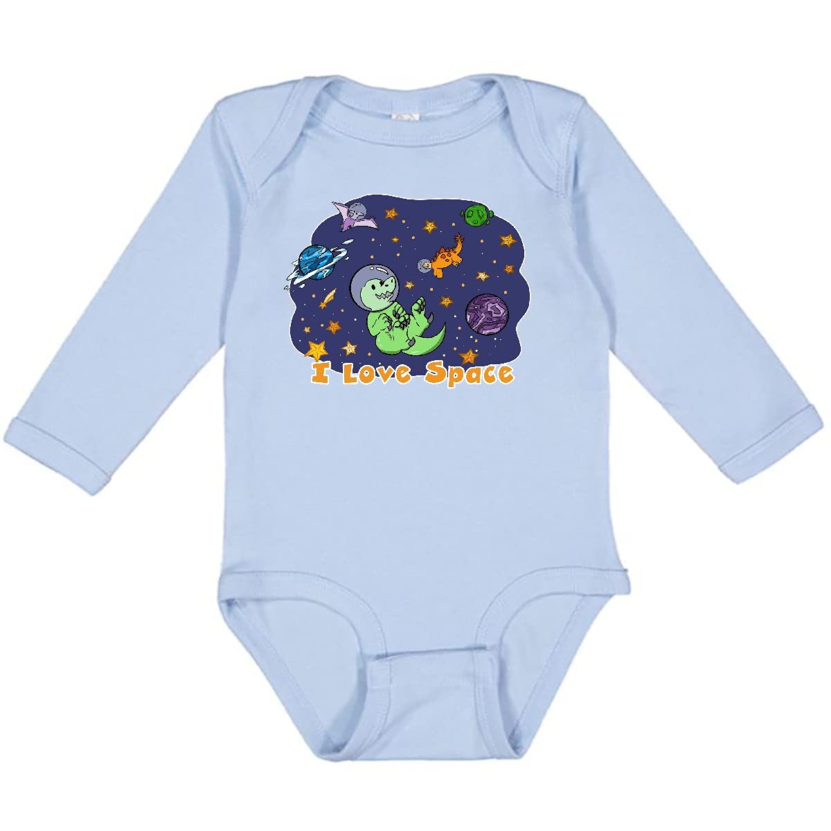 Inktastic I Love Space Cute Dinosaur and Planet Print Baby Long Sleeve Bodysuit - Perfect for Astronaut-Themed Parties, Space Nursery Decor, and Dinosaur Lovers