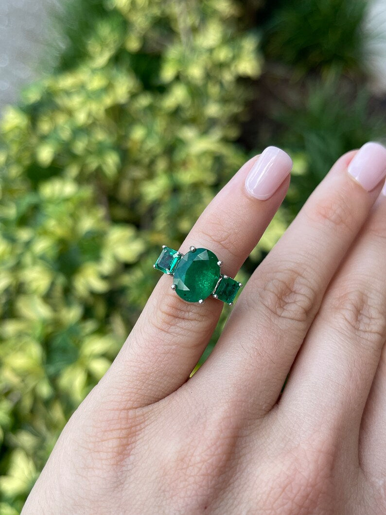 6.07tcw 14K Gold Natural Oval Cut Dark Green Emerald Trilogy 3 Stone Diamond Ring for Women - Elegant Wedding, Engagement & Anniversary Jewelry Gift