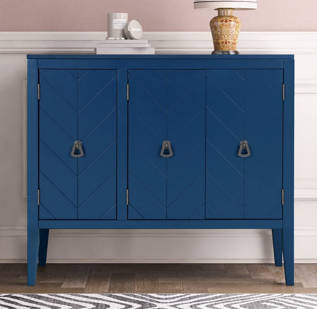 Antique Modern Wood Storage Cabinet with Adjustable Shelf & 3 Doors - Navy Blue Sideboard for Kitchen, Entryway, Living Room & Bedroom | Perfect for Home Organization, Dining Room Buffet & Hallway Decor