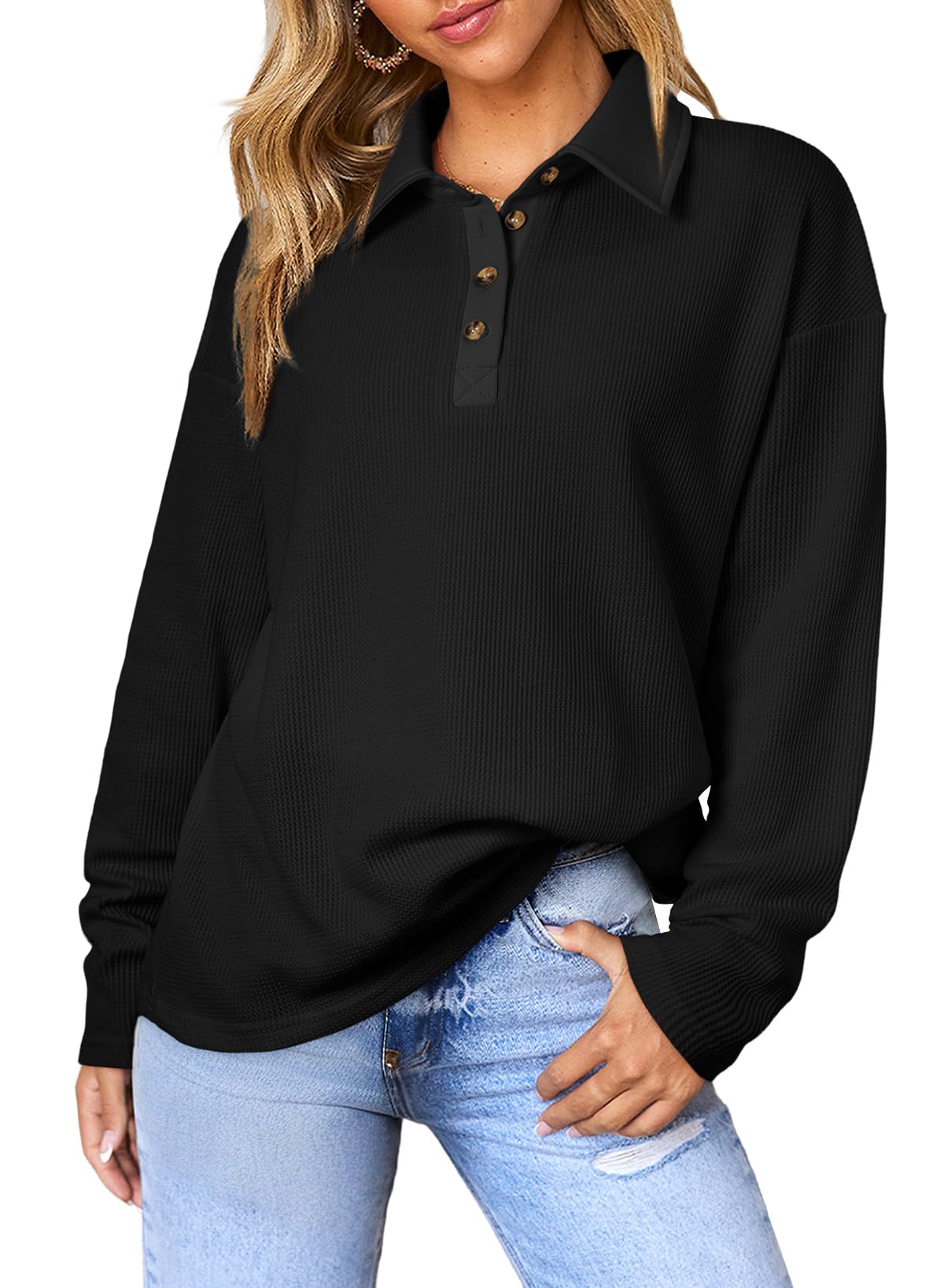 SHEWIN Women's Casual Waffle Knit Polo Shirt - V-Neck Collared Long Sleeve Button-Down Tunic Top for Work, Office & Everyday Wear