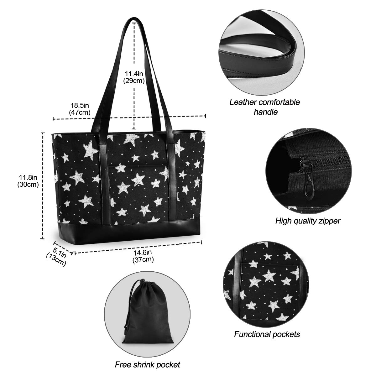 ALAZA Doodle Stars Black and White Laptop Tote Bag for Women - Lightweight Canvas Leather Shoulder Bag Fits 15.6 Inch Laptop - Perfect for Work, School, and Travel