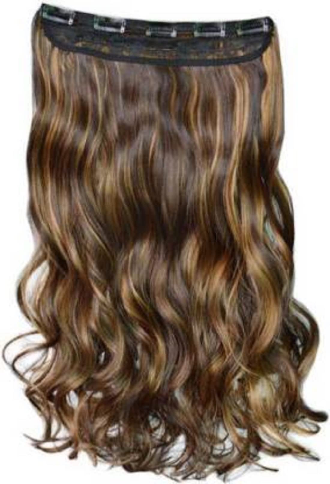 5 Clip 24 Inch Natural Brown Curly/Wavy Hair Extensions with Golden Highlights for Women - Long Human Hair Weave for Daily Wear & Special Occasions