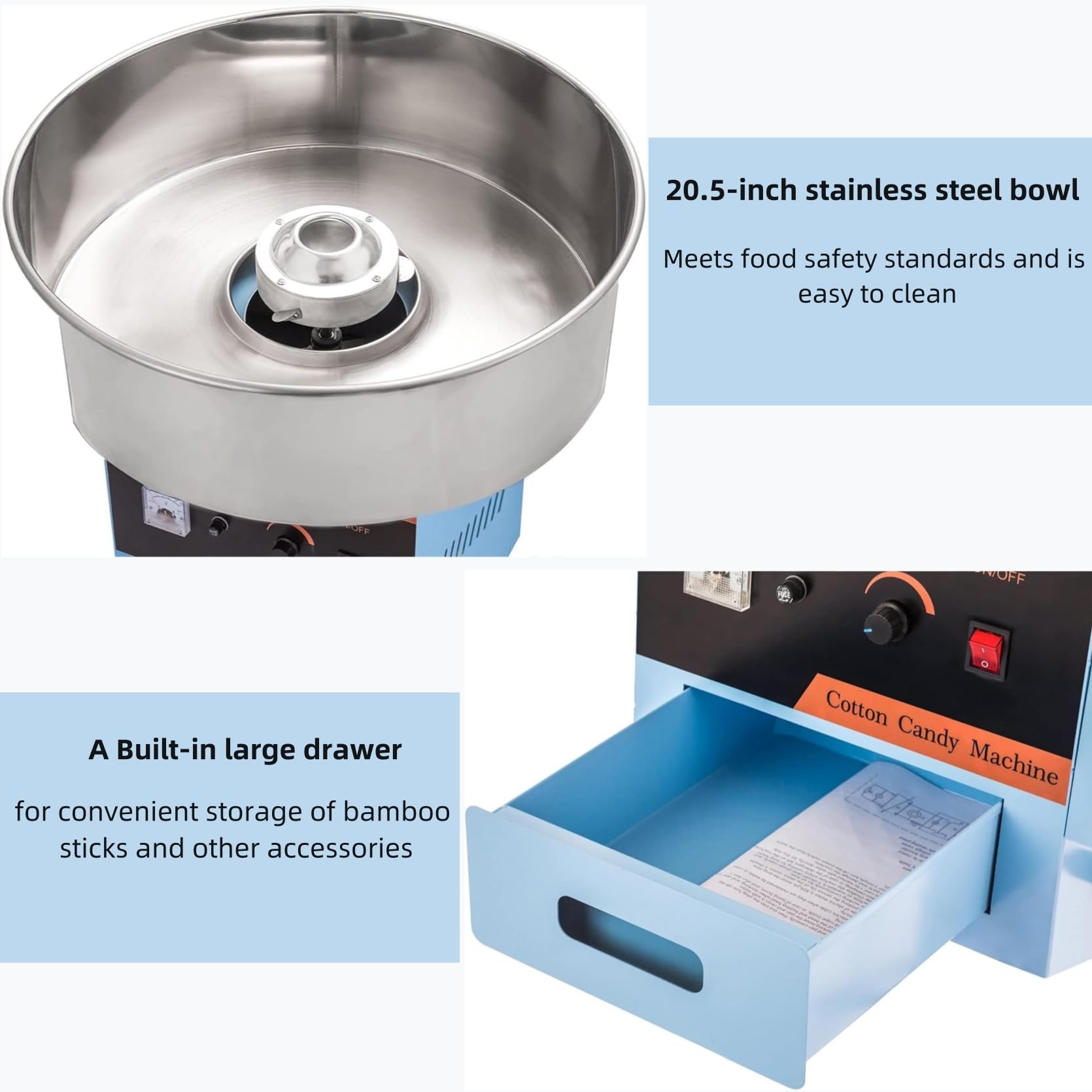 Commercial Cotton Candy Machine - 1000W Electric Candy Floss Maker with Stainless Steel Bowl & Sugar Scoop - Perfect for Birthday Parties, Carnival Events, School Fairs, and Family Gatherings - Blue