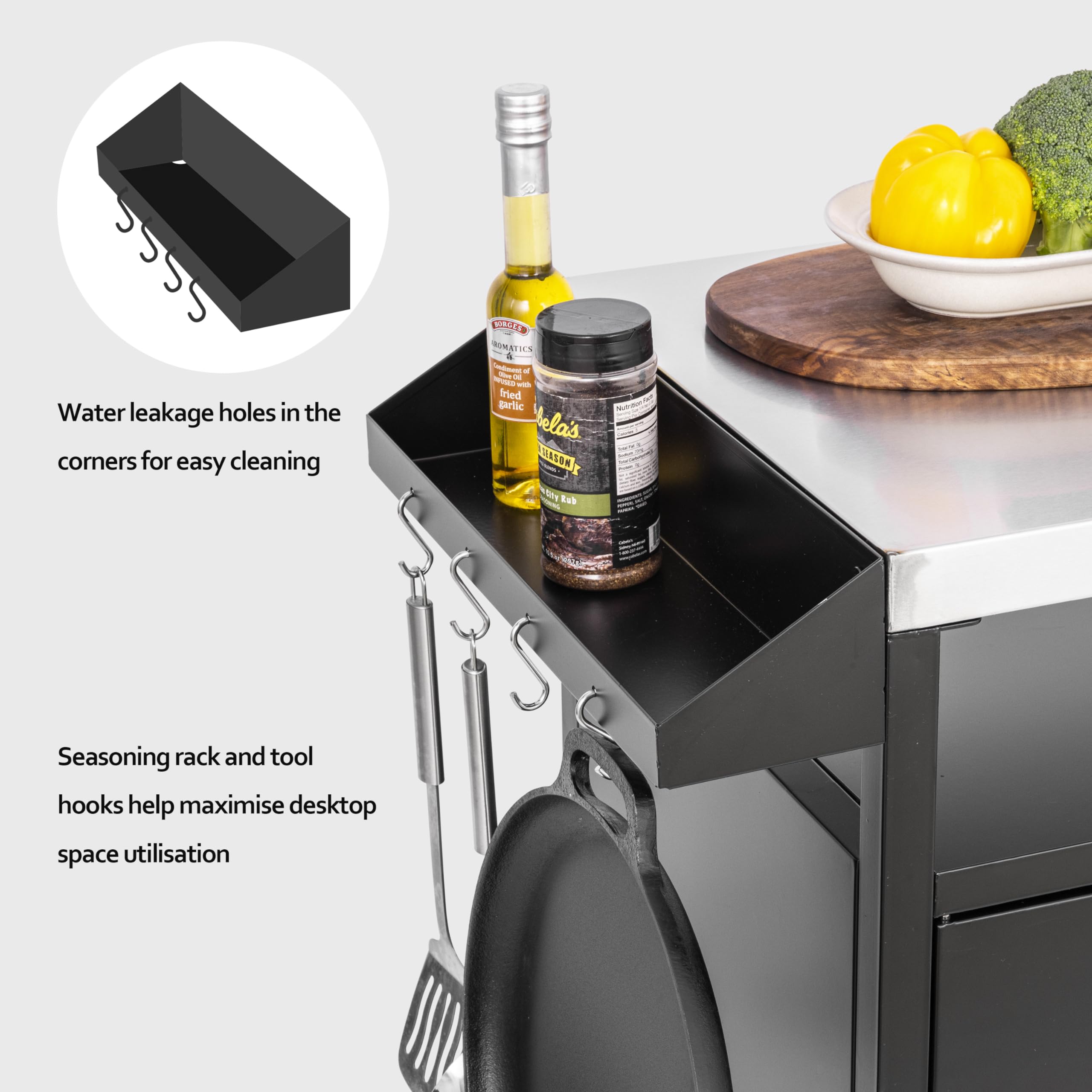 Premium Outdoor Grill Table & Kitchen Cabinet - Portable Prep Station with Storage for BBQ, Pizza Oven & Entertaining | Silver & Black | Patio, Backyard & Camping Use