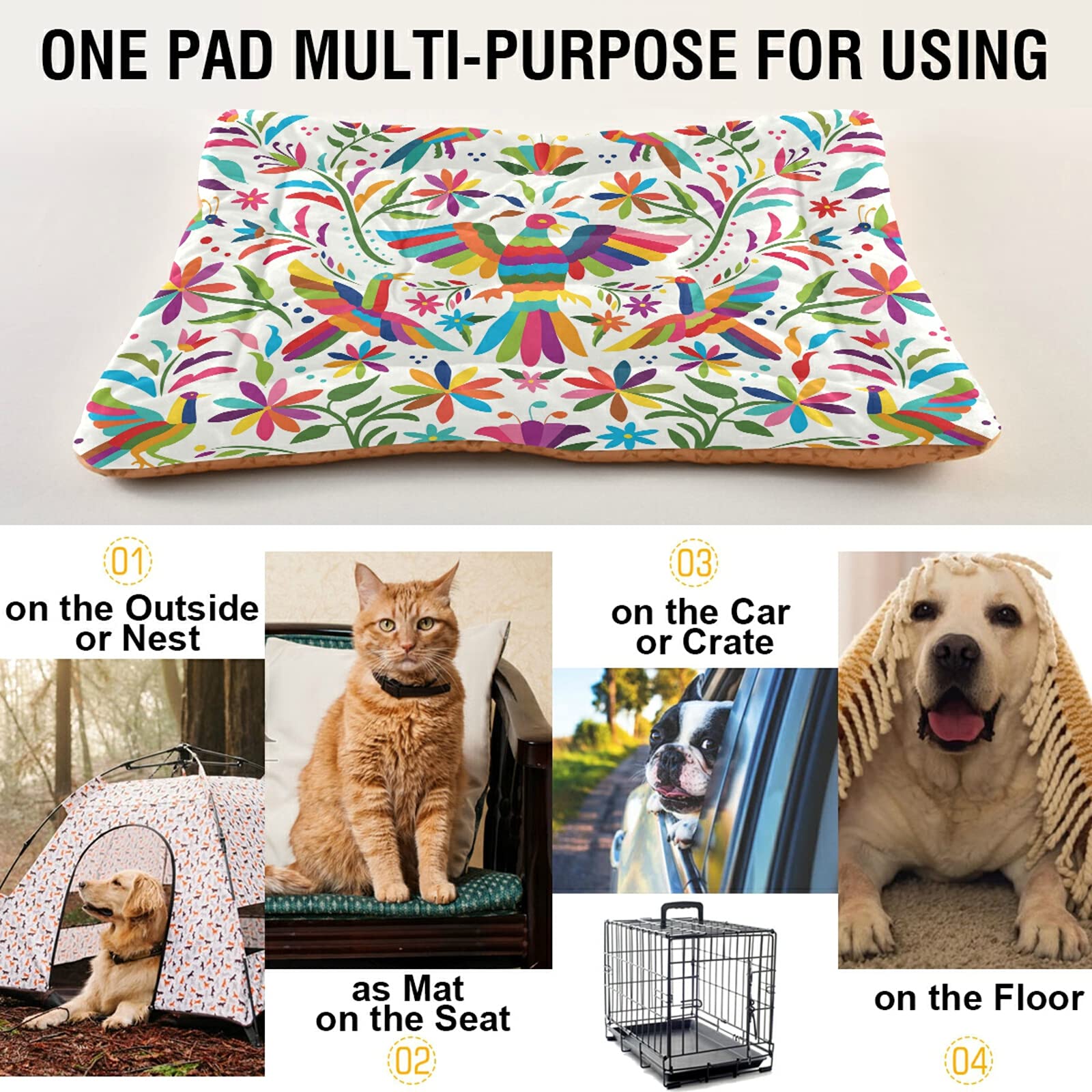 Mexican Otomi Birds Floral Dog Bed - Non-Slip Small Pet Bed Mat, Soft Cat Bed Pad & Cushion for Dogs & Small Pets - Perfect for Home, Crate & Travel Use