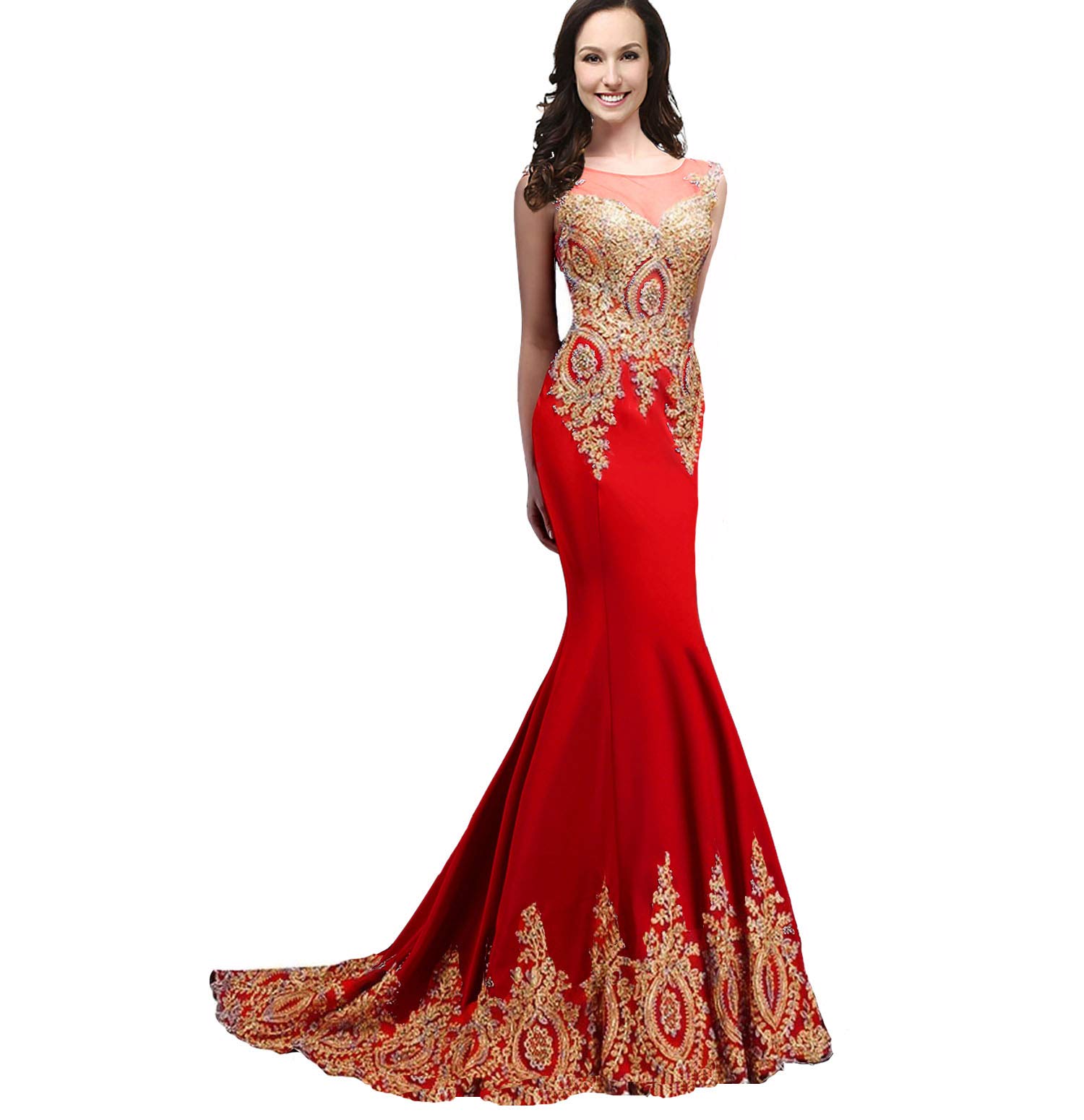 Kivary® Sheer Mermaid Gold Lace Long Formal Evening Dress with Crystals - Elegant Prom Gown for Homecoming, Wedding Guest & Special Occasions