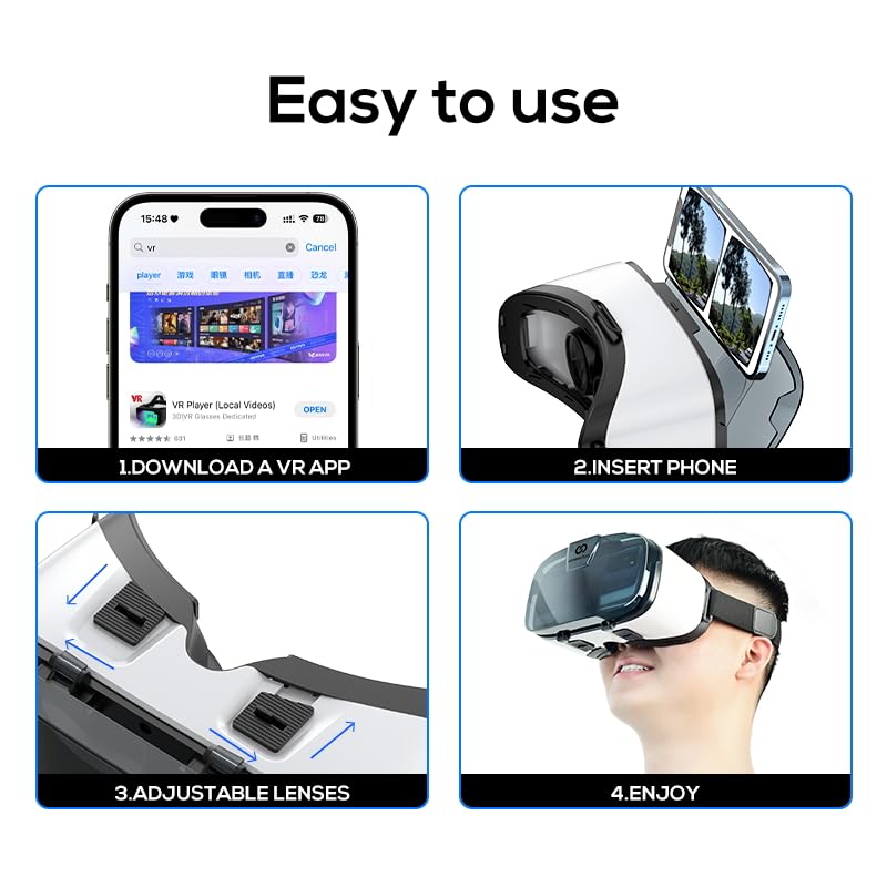 VR Headset for Smartphones - Compatible with iPhone, Samsung & Android Devices | 3D Virtual Reality Goggles for Kids & Adults | HD Anti-Blue Light Lenses (Fits 4.5-6.3in Screens) | Perfect for Gaming, Movies & Virtual Tours