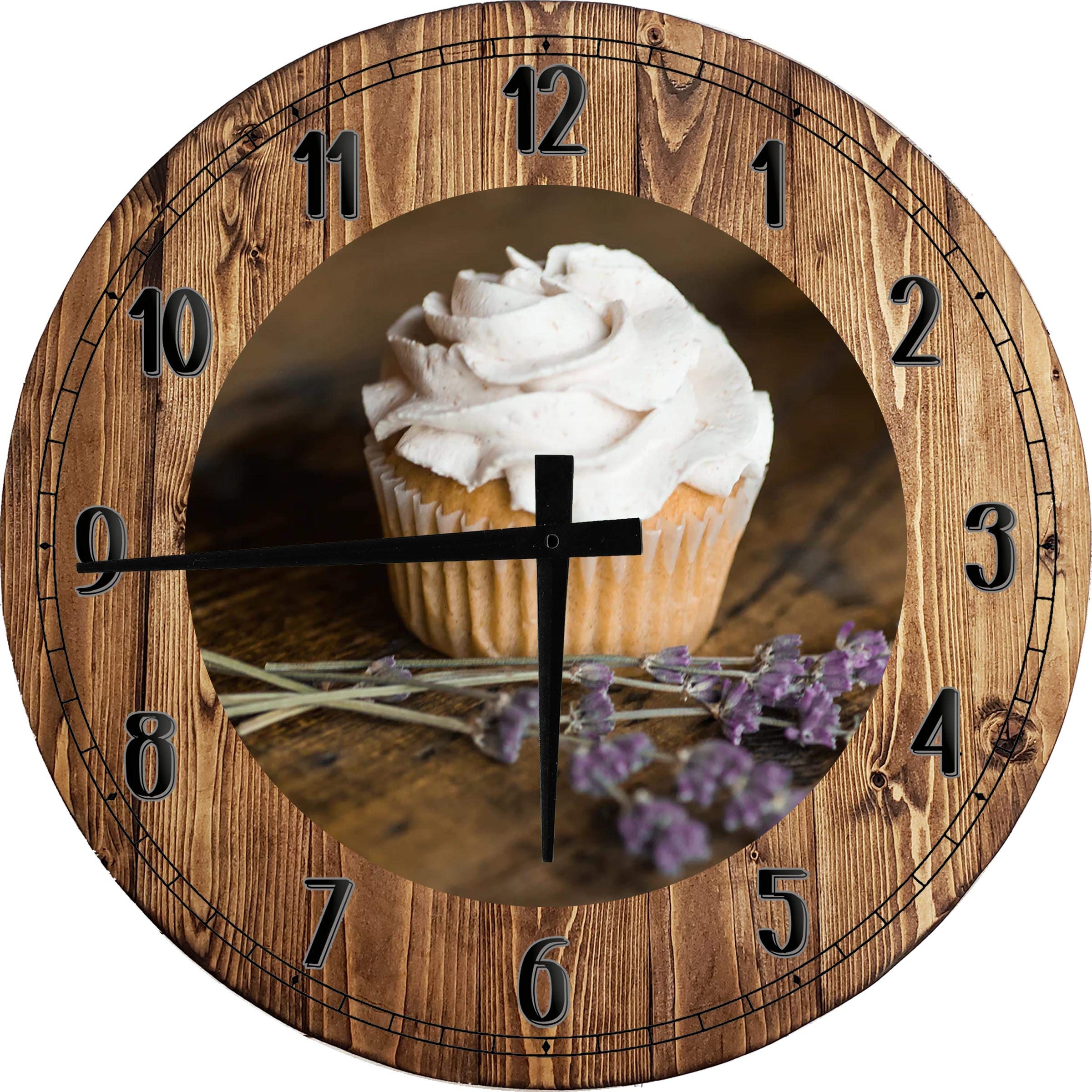18 Inch Large Round Wood Wall Clock - White Cupcake Kitchen Wall Art with Flowers, Farmhouse Decor for Kitchen, Dining Room & Living Room