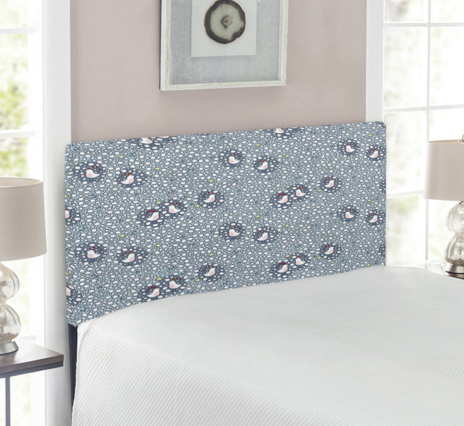 Ambesonne Winter Headboard - Doodle Style Bullfinch Birds with Christmas Hats & Snow Pattern, Upholstered Decorative Metal Bed Frame with Memory Foam, Twin Size, Pale Grey Multicolor - Perfect for Holiday Bedroom Decor & Cozy Winter Nights