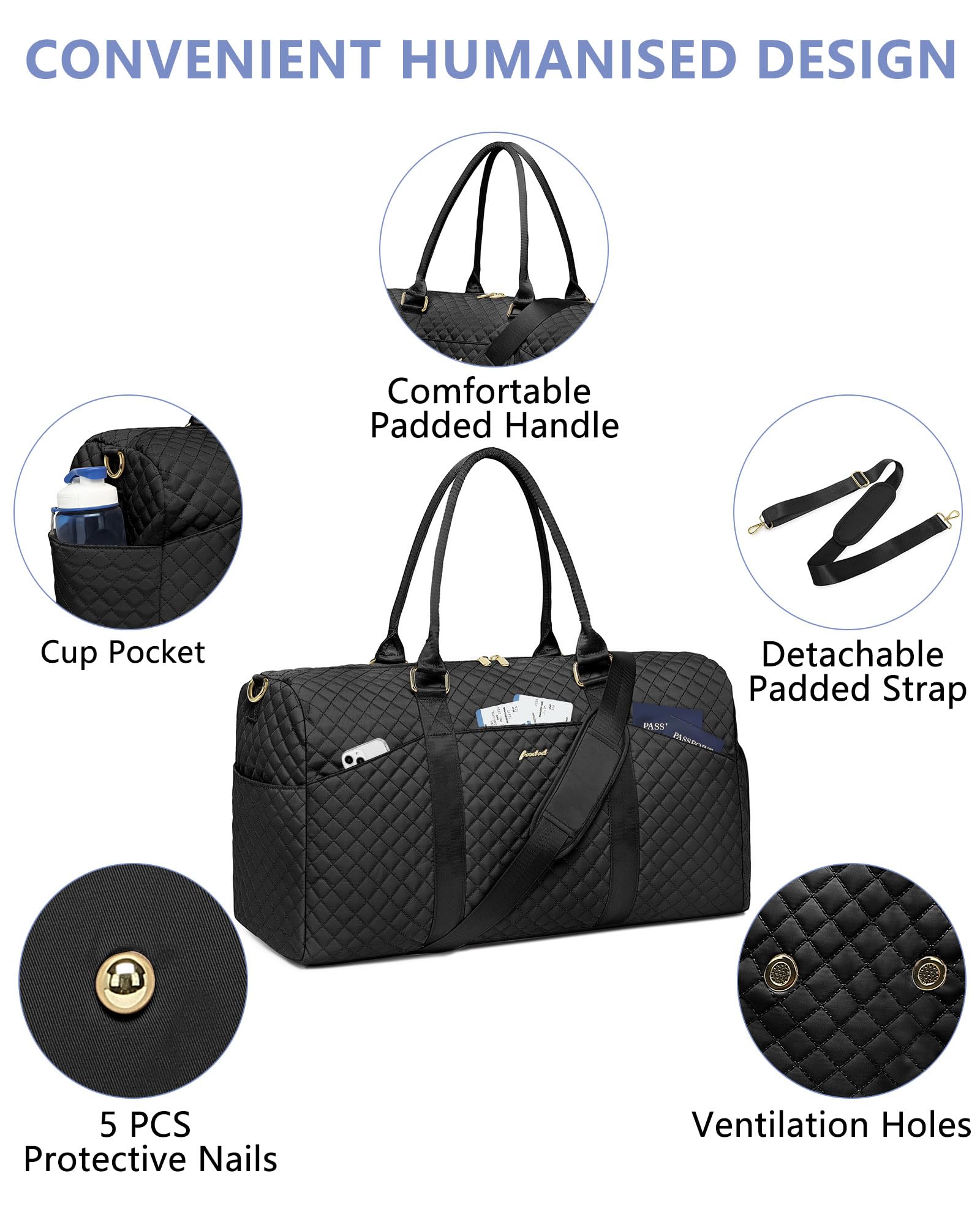 **Women's Large Weekender Travel Duffle Bag with Shoe Compartment & Wet Pocket - Carry-On Overnight Gym Yoga Hospital Bag for Women, Includes Toiletry Bag - Perfect for Travel, Workouts & Weekend Getaways (Black)**