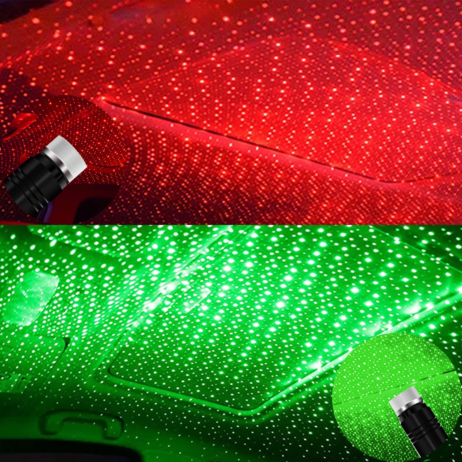 USB Night Light with Adjustable Brightness - Car Roof & Bedroom Star Projector for Romantic Decor (Green & Red, 2 Pack) - Perfect for Kids' Rooms, Date Nights & Relaxing Ambiance