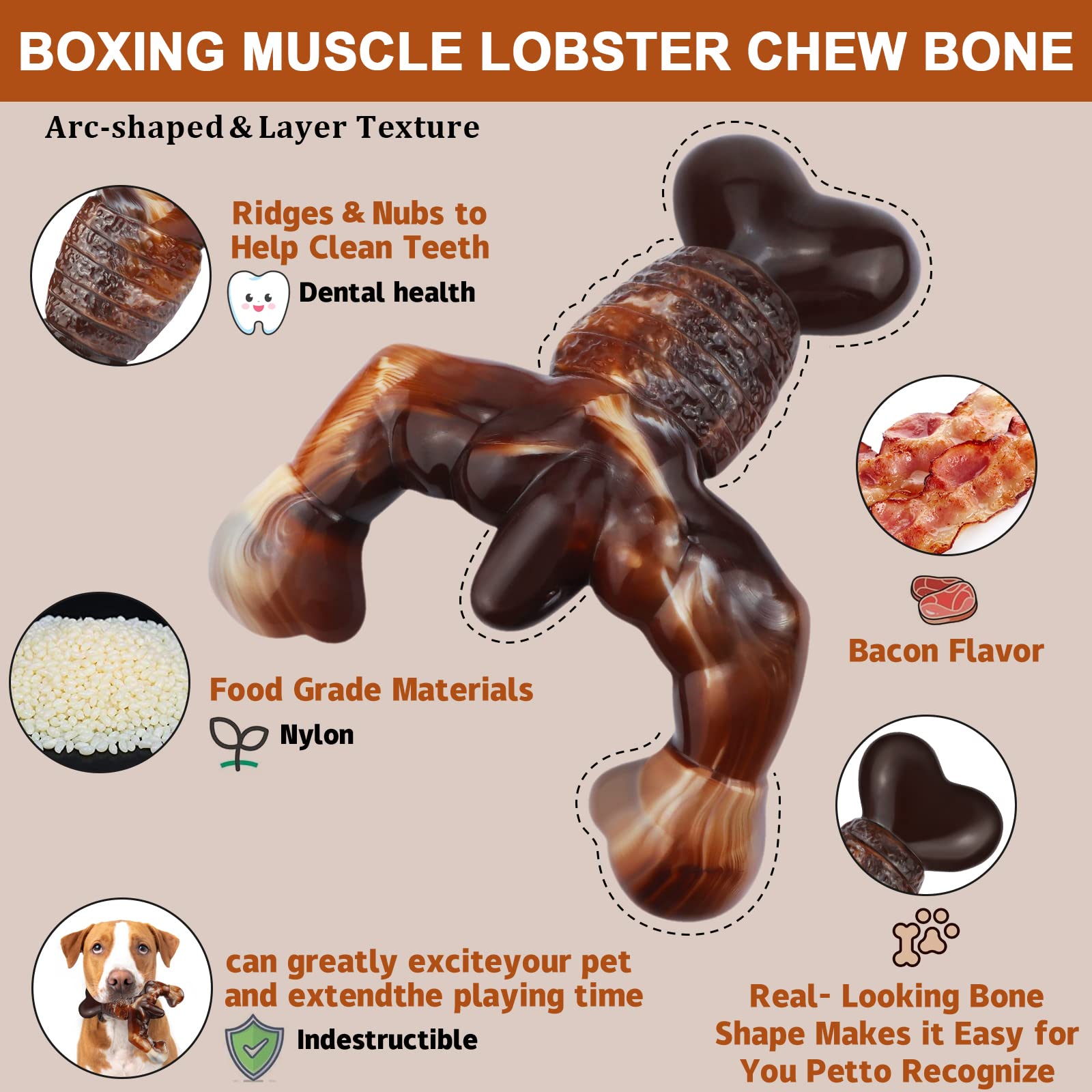 Indestructible Dog Chew Toys for Aggressive Chewers - Durable Bacon-Flavored Dog Bone Toys for Medium & Large Breed Dogs - Best Long-Lasting Chewing Toy to Keep Pets Busy - Perfect for Crate Training, Anxiety Relief & Dental Health