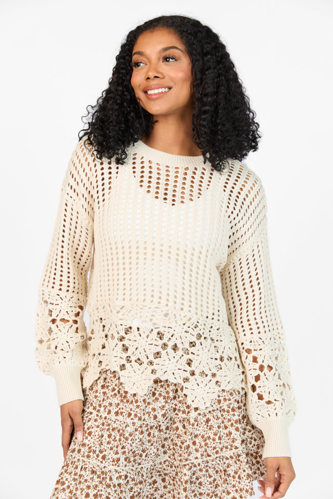 Stylish Floral Crochet Sweater for Women - Boho Crew Neck Pullover with Embroidered Flower Trim | Perfect for Casual Outings, Date Nights & Fall Layering