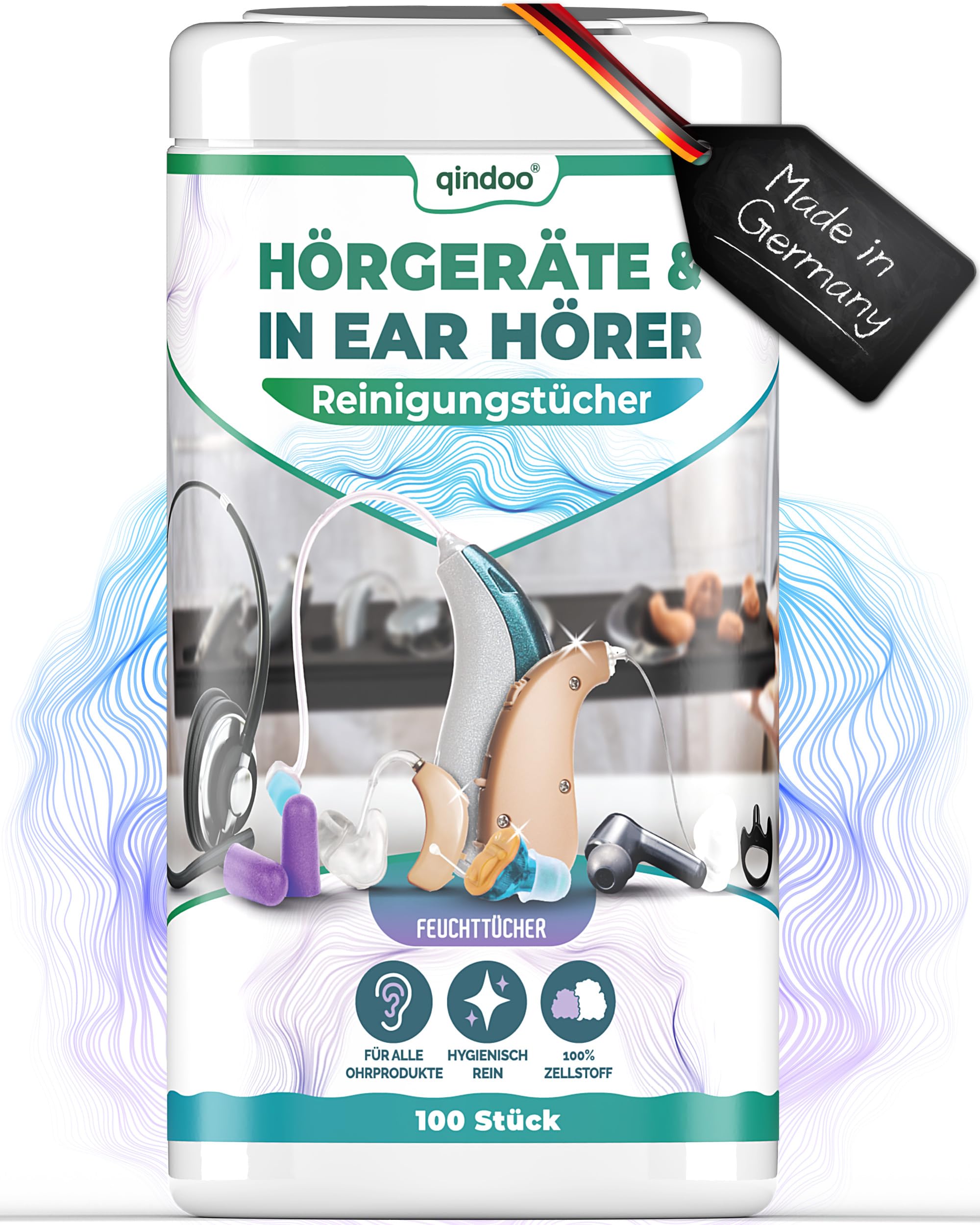 Qindoo 100x Hearing Aid Cleaning Wipes - Removes Earwax for Headphones, Headsets & In-Ear Earbuds (1 Canister) - Gentle Daily Cleaning for Better Sound & Hygiene