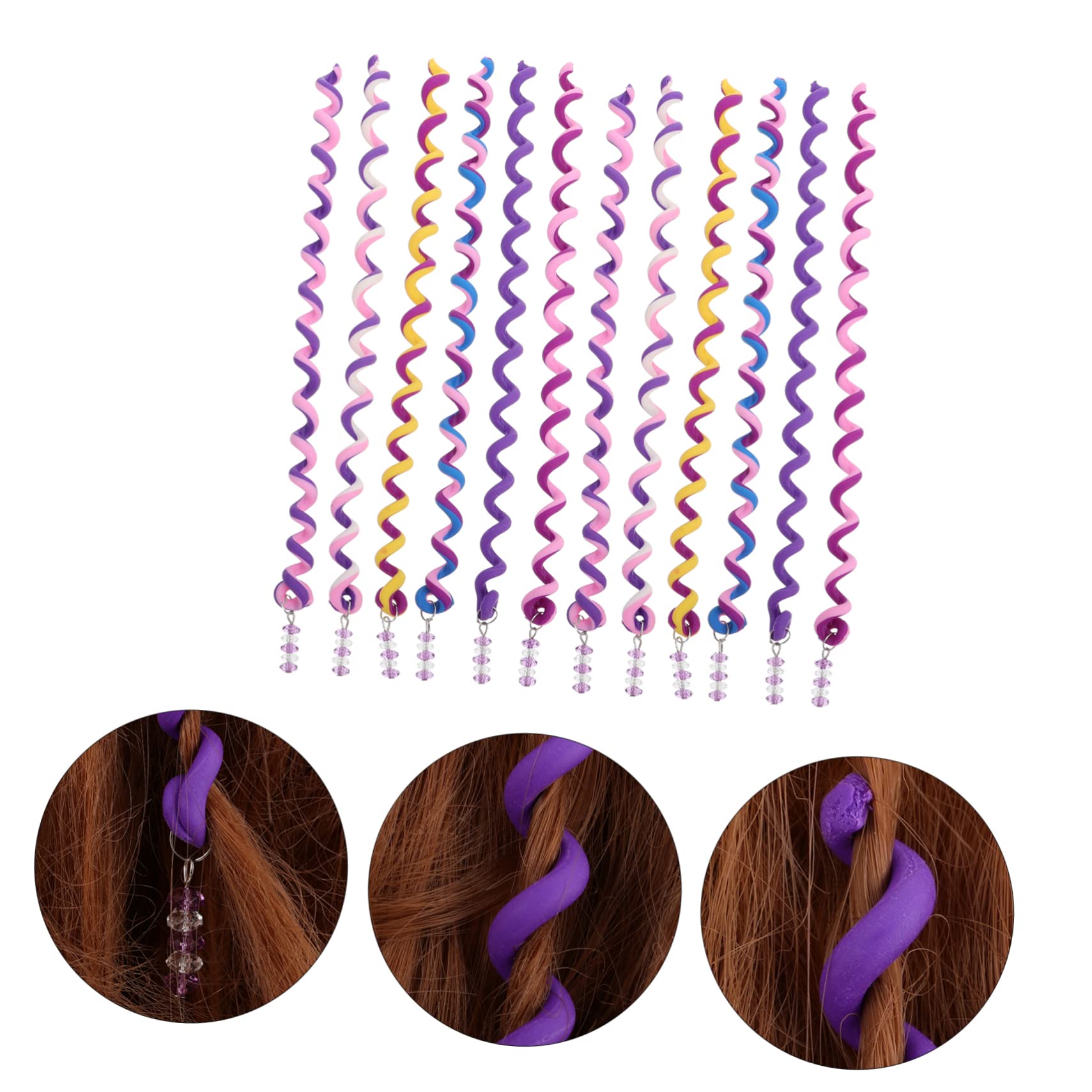FOMIYES 24pcs Spiral Hair Curling Clips - Braiding Tool with Rubber Bands & Hair Beads for Girls - Purple Polymer Clay Hair Waver for Kids - Perfect for School, Parties & DIY Hairstyles