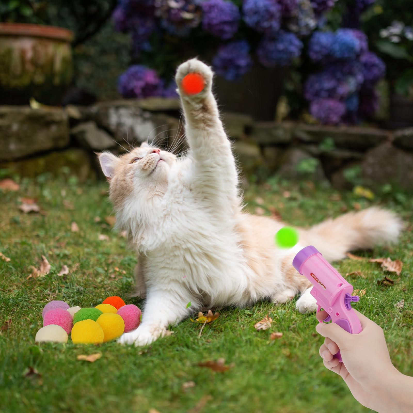 Cat Ball Launcher Toy - 50Pcs Plush Fuzzy Balls with Automatic Fetch Launcher Gun for Indoor Cats | Interactive Kitten Play Toy for Exercise & Boredom Relief | Perfect for Playtime, Training & Bonding with Your Adult Cat