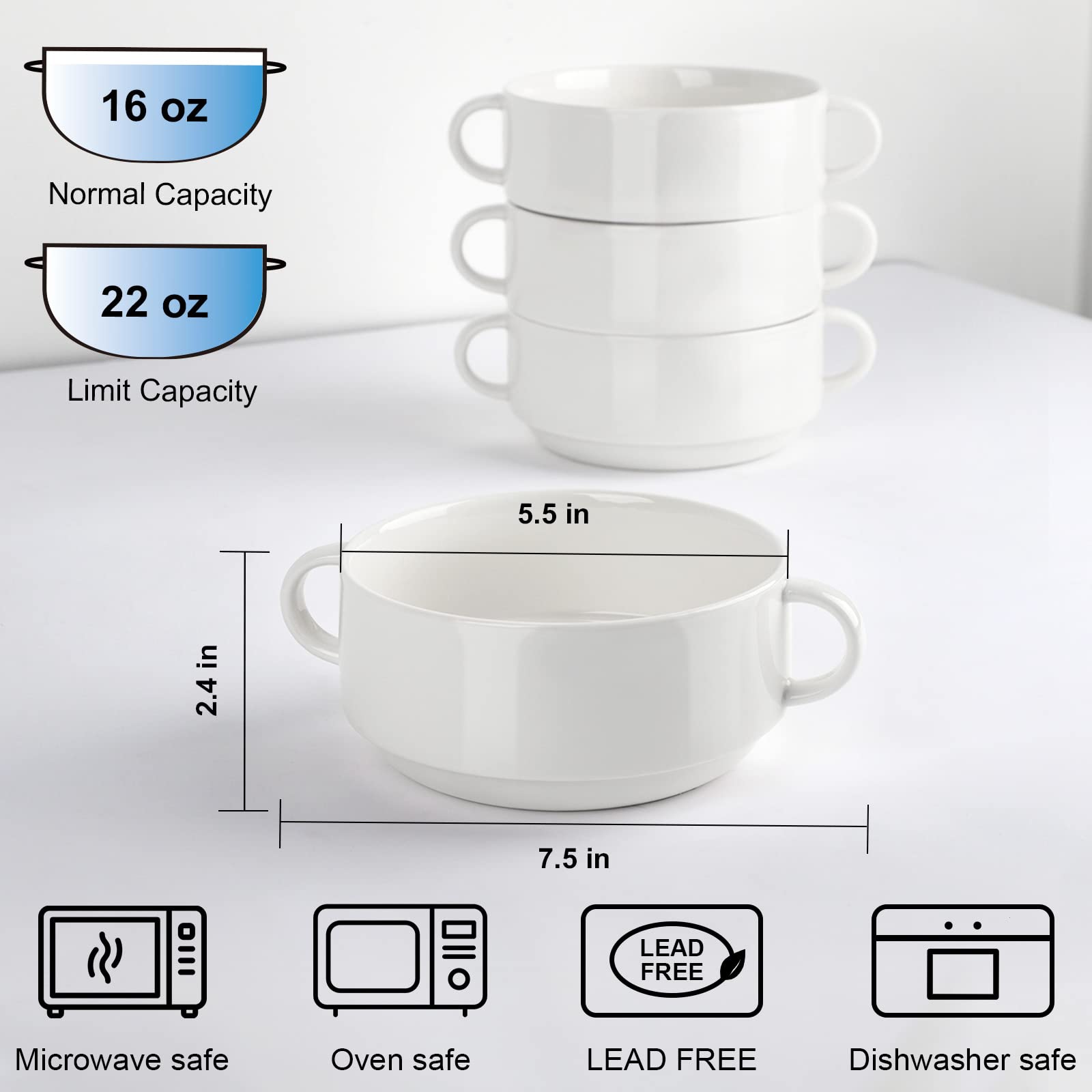 4-Pack 22oz Ceramic Bowls with Handles - Microwave & Oven Safe Soup Bowls for French Onion, Salad, Cereal, Dessert - Stackable Dishwasher Safe Serving Bowls for Kitchen, Dining & Entertaining