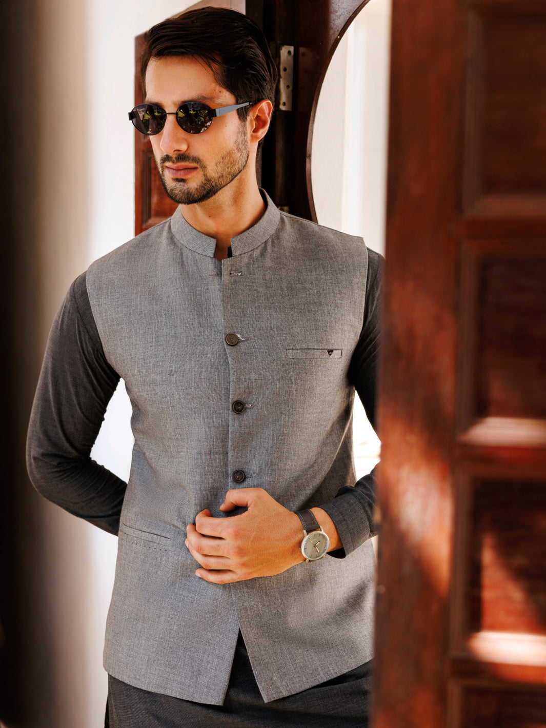Elegant Blended Grey Waistcoat for Men by J. Junaid Jamshed | Formal & Casual Wear | Perfect for Office, Weddings & Special Occasions