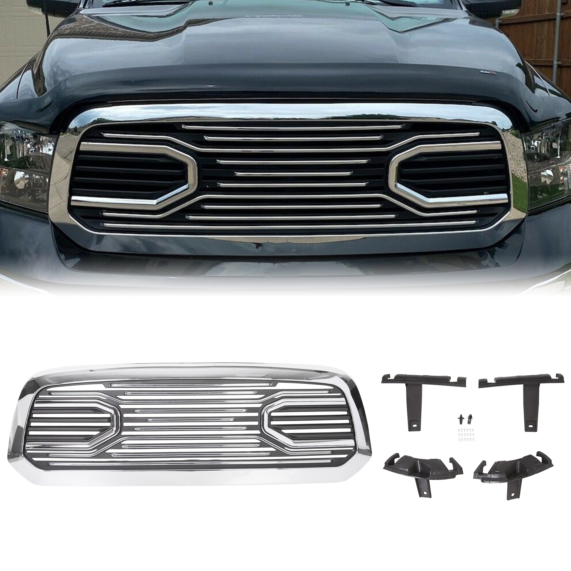 ECOTRIC Front Replacement Shell Grille for 2013-2018 Dodge RAM 1500 (Without Light) - Chrome Big Horn Grill - Upgrade Your Truck's Style for Off-Road & Daily Driving