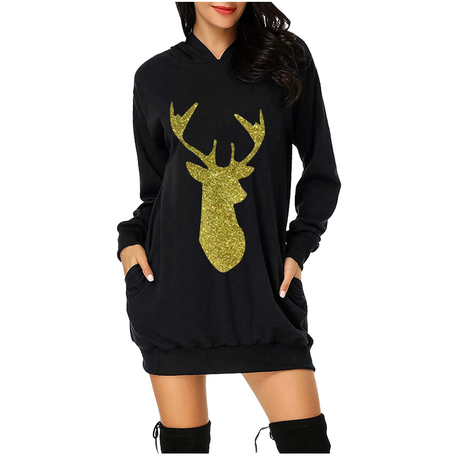 Women's Christmas Print Hoodie with Pocket - Fashionable Hip Hooded Blouse for Casual Wear, Holiday Outfits & Winter Layering