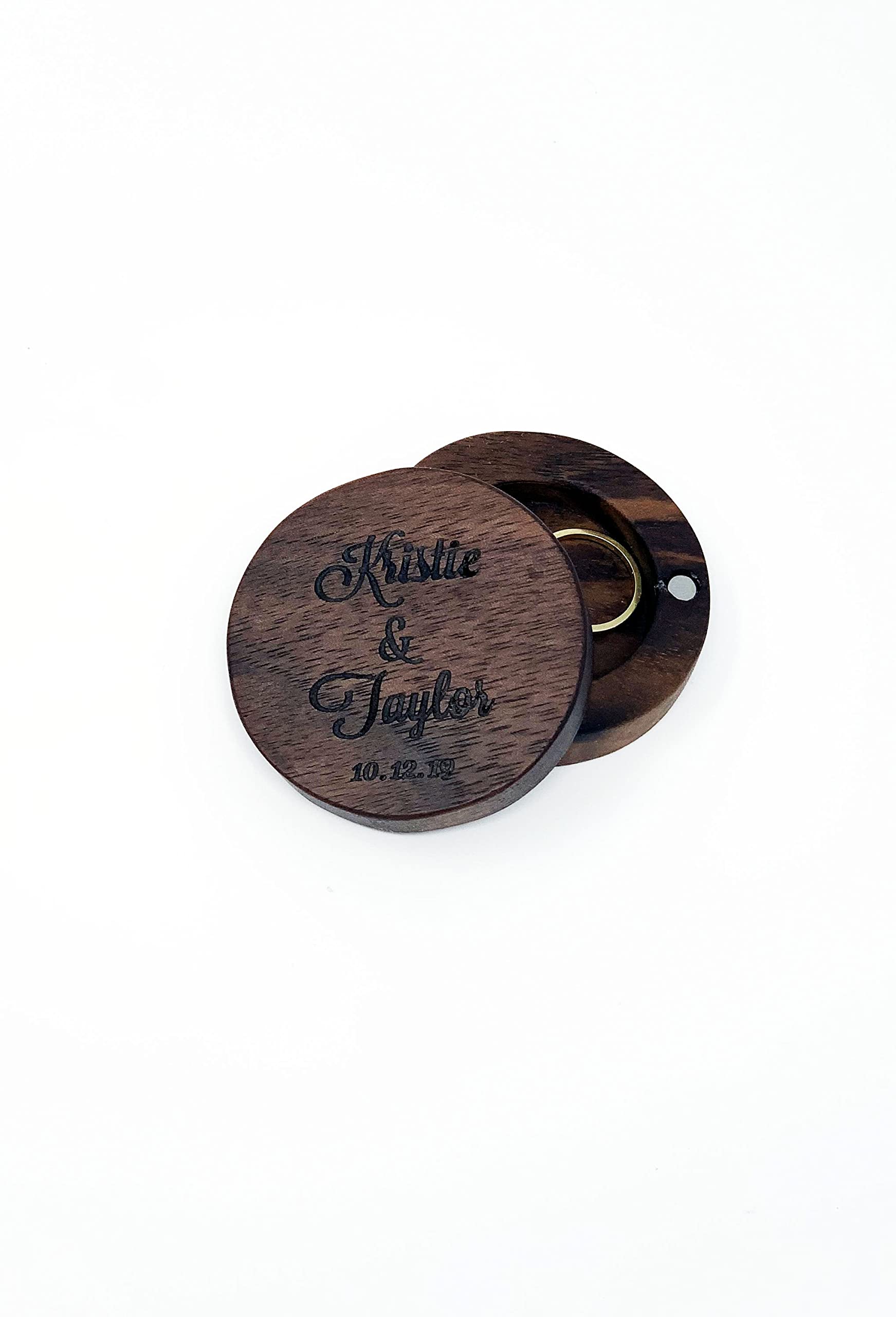 Personalized Walnut Wooden Ring Box - Round Ring Bearer Box for Weddings, Vow Renewals & Ceremonies - Rustic Wedding Gift & Ring Pillow Alternative - Perfect for Proposals, Anniversaries & Special Occasions