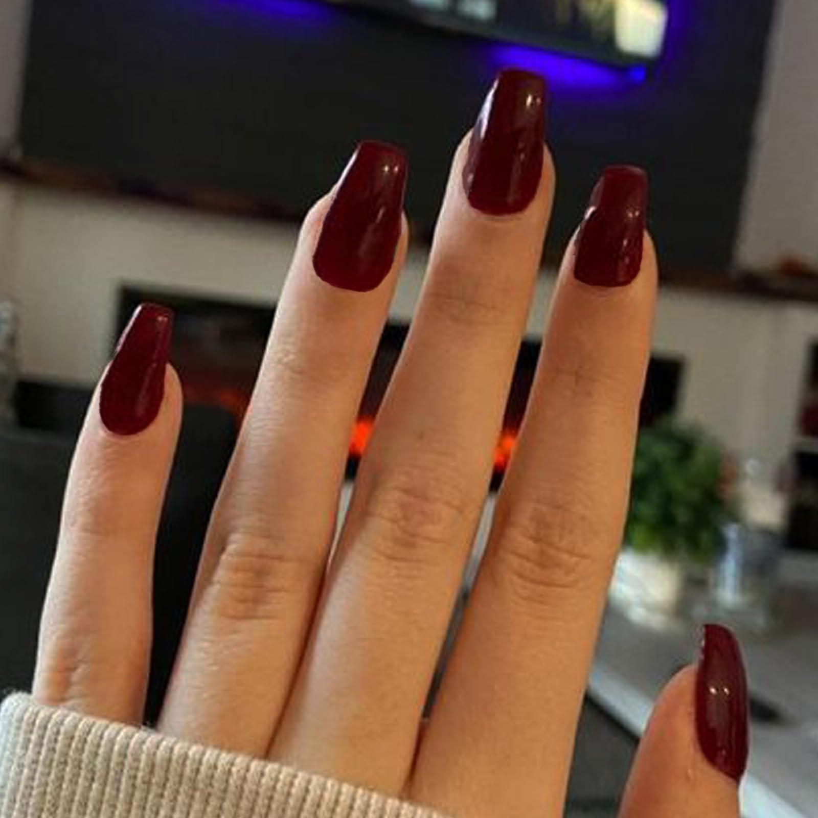 GLAMERMAID Thanksgiving Press-On Nails Short Coffin Style - 24Pcs Burgundy Glossy Medium Square Fake Nails with UV Finish - Reusable Acrylic False Nails Manicure Kit for Women - Perfect for Spring Summer Holidays, Parties & Special Occasions