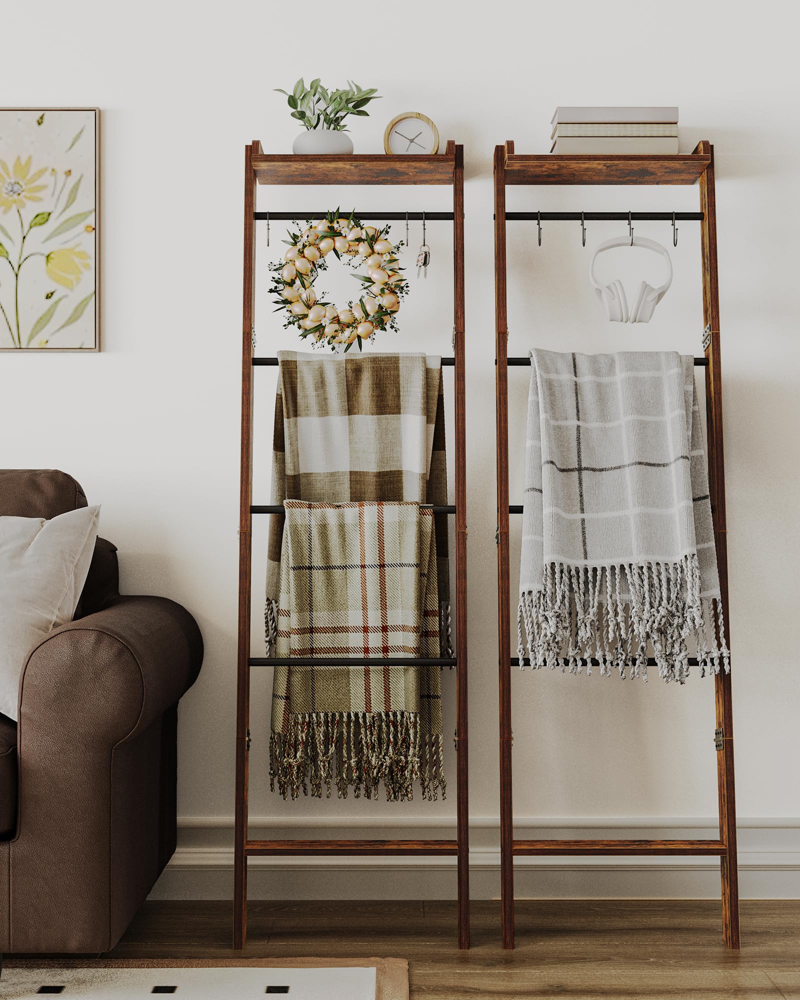 6-Tier Farmhouse Blanket Ladder Shelf - Rustic Brown & Black Storage Organizer with 4 Removable Hooks | Decorative Quilt Rack for Living Room, Bedroom & Home Decor | Perfect for Blanket Display, Towel Storage & Cozy Farmhouse Style