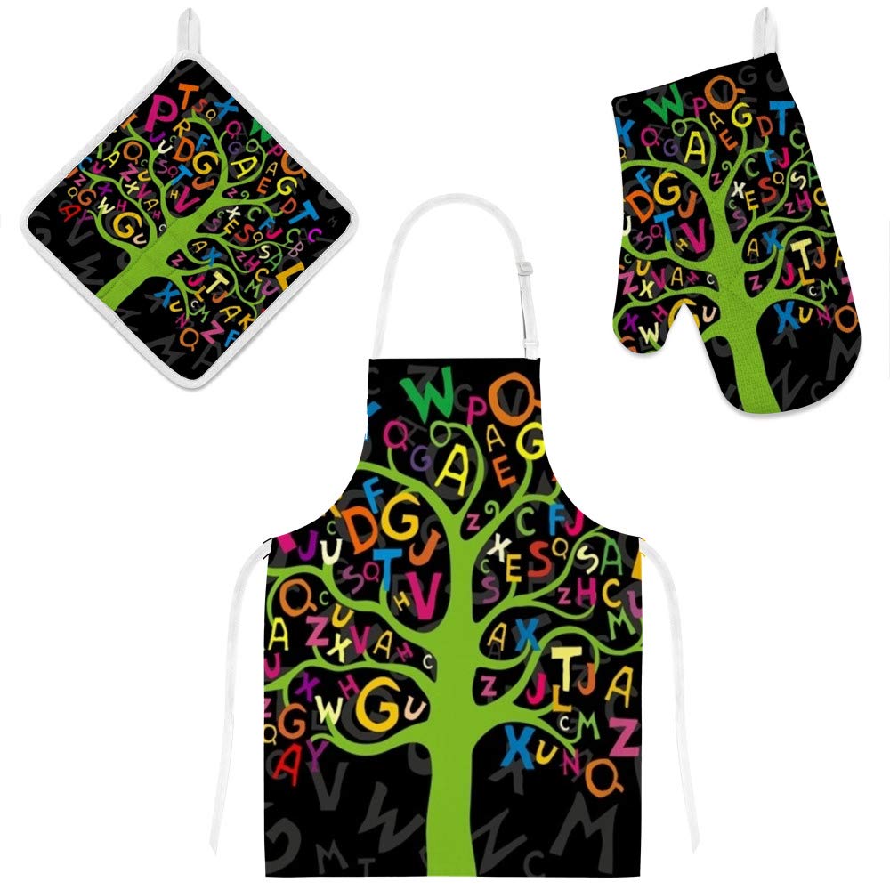 Kids Cooking Apron with Oven Mitt & Pot Holder Set - Alphabet Letter Tree Design for Baking, School Activities & Pretend Play