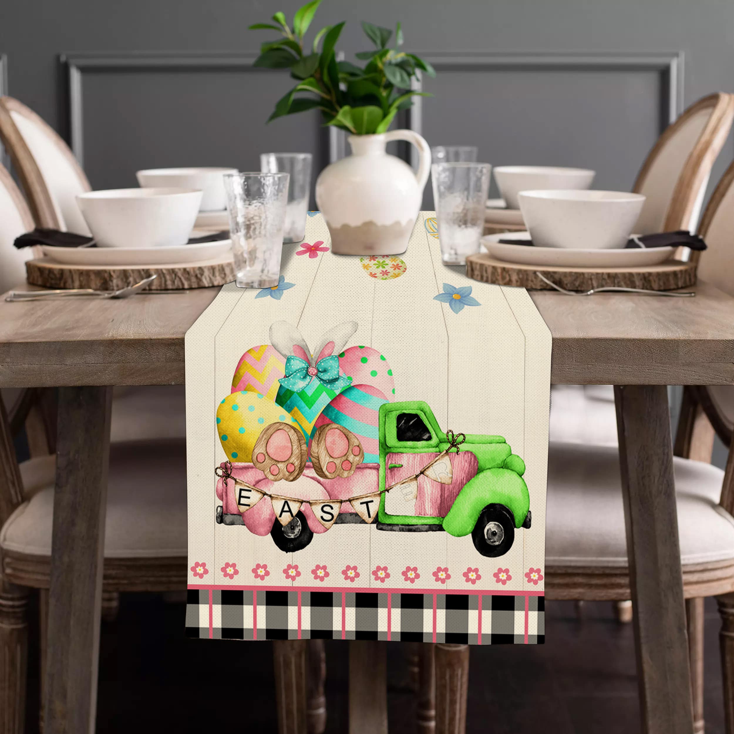 LARMOY 13x72 Inches Easter Table Runner - Truck with Bunny, Eggs & Flowers Spring Kitchen Dining Decor for Holiday Party, Coffee Table, Home Celebration | Perfect for Easter Brunch, Family Gatherings & Seasonal Home Decoration