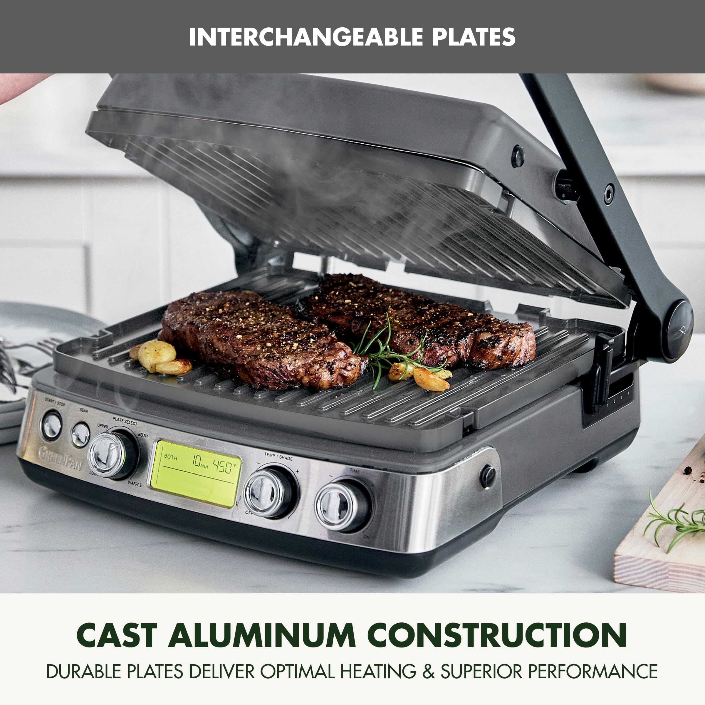 GreenPan Elite 7-in-1 Multi-Function Contact Grill & Griddle - Healthy Ceramic Nonstick Aluminum Surface with Interchangeable Grill & Waffle Plates - Adjustable Temperature Control for Perfect Cooking - PFAS-Free & Eco-Friendly - Ideal for Paninis, Waffles, Burgers & Family Breakfasts