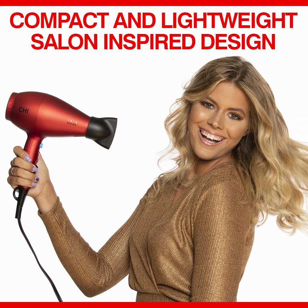CHI 1875 Series Professional Hair Dryer - Ultra Fast Blow Dryer for Salon Quality Results, Reduces Frizz & Boosts Shine with Concentrator Nozzle & Diffuser Attachments - Perfect for Home Use, Travel & Styling