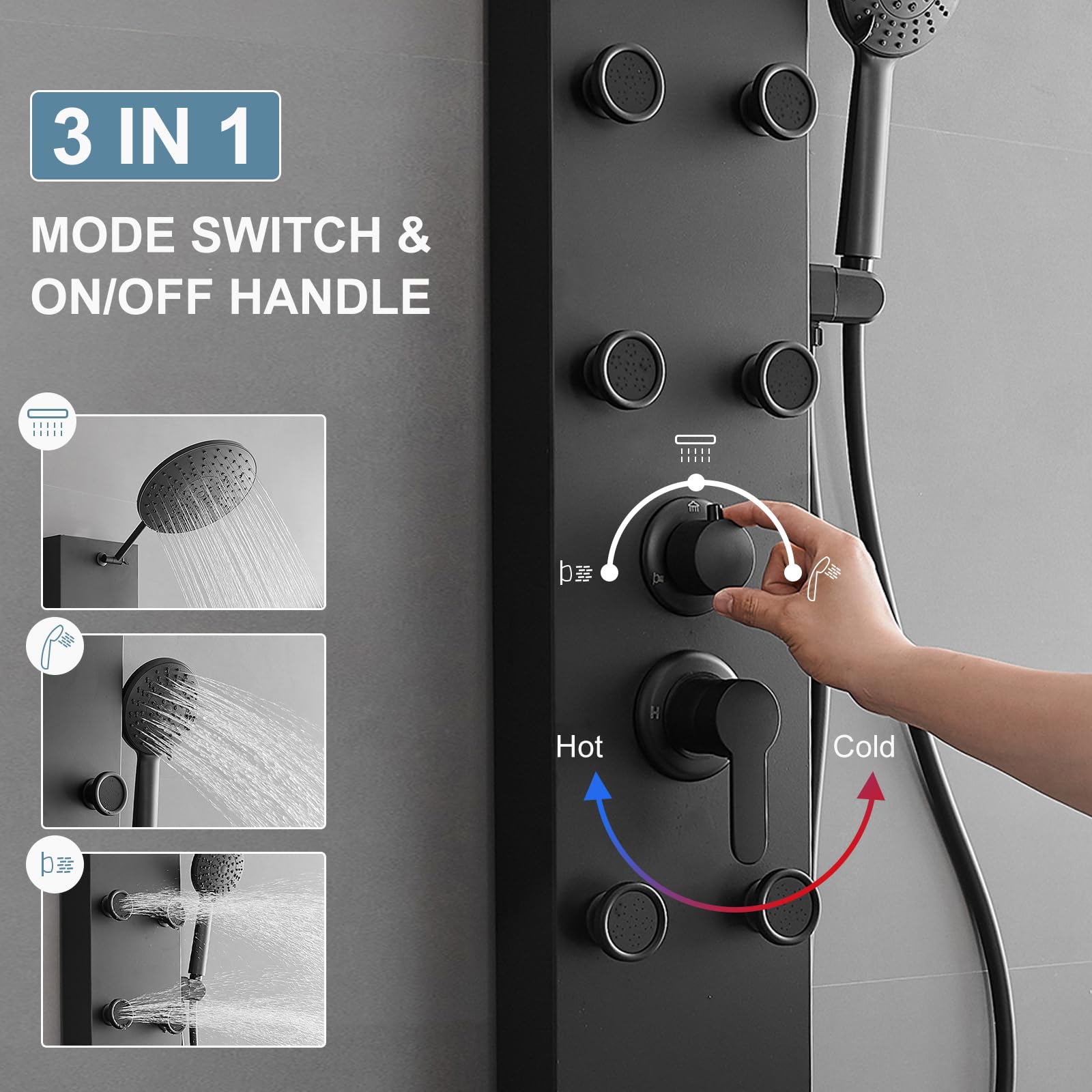 Homevacious Matte Black Stainless Steel Shower Panel System - Adjustable Rainfall Shower Head with 6 Body Jets & 4-Setting Handheld Shower | Wall Mounted Bathroom Spa Experience for Full Body Relaxation | Perfect for Master Bathrooms, Luxury Showers & Modern Home Renovations