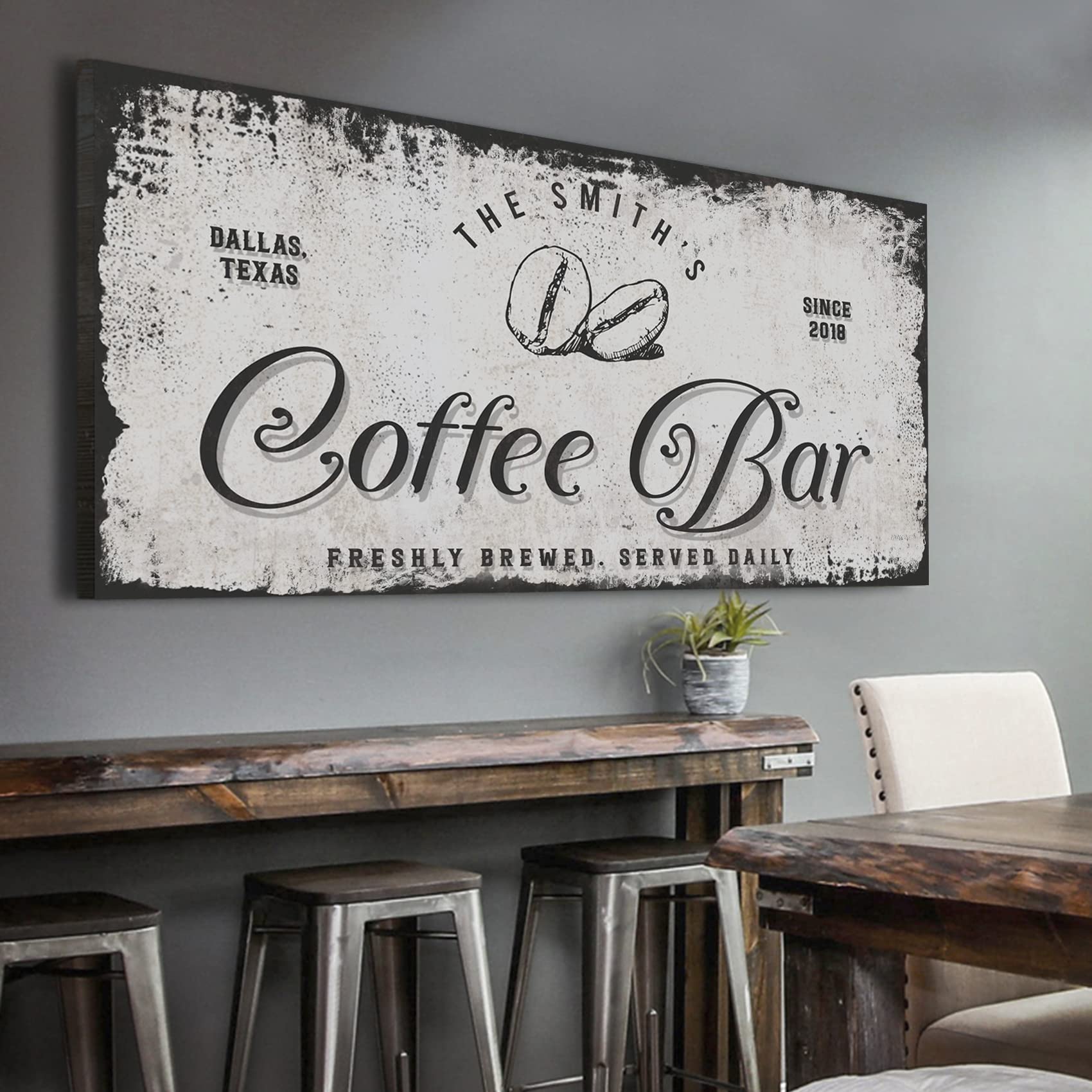 Custom Coffee Bar Sign - Personalized Grey Rustic Coffee Beans Wall Art - 48x16in Canvas Decor for Home, Kitchen, Coffee Station, Office & Business - Perfect for Farmhouse, Café & Wedding Decor